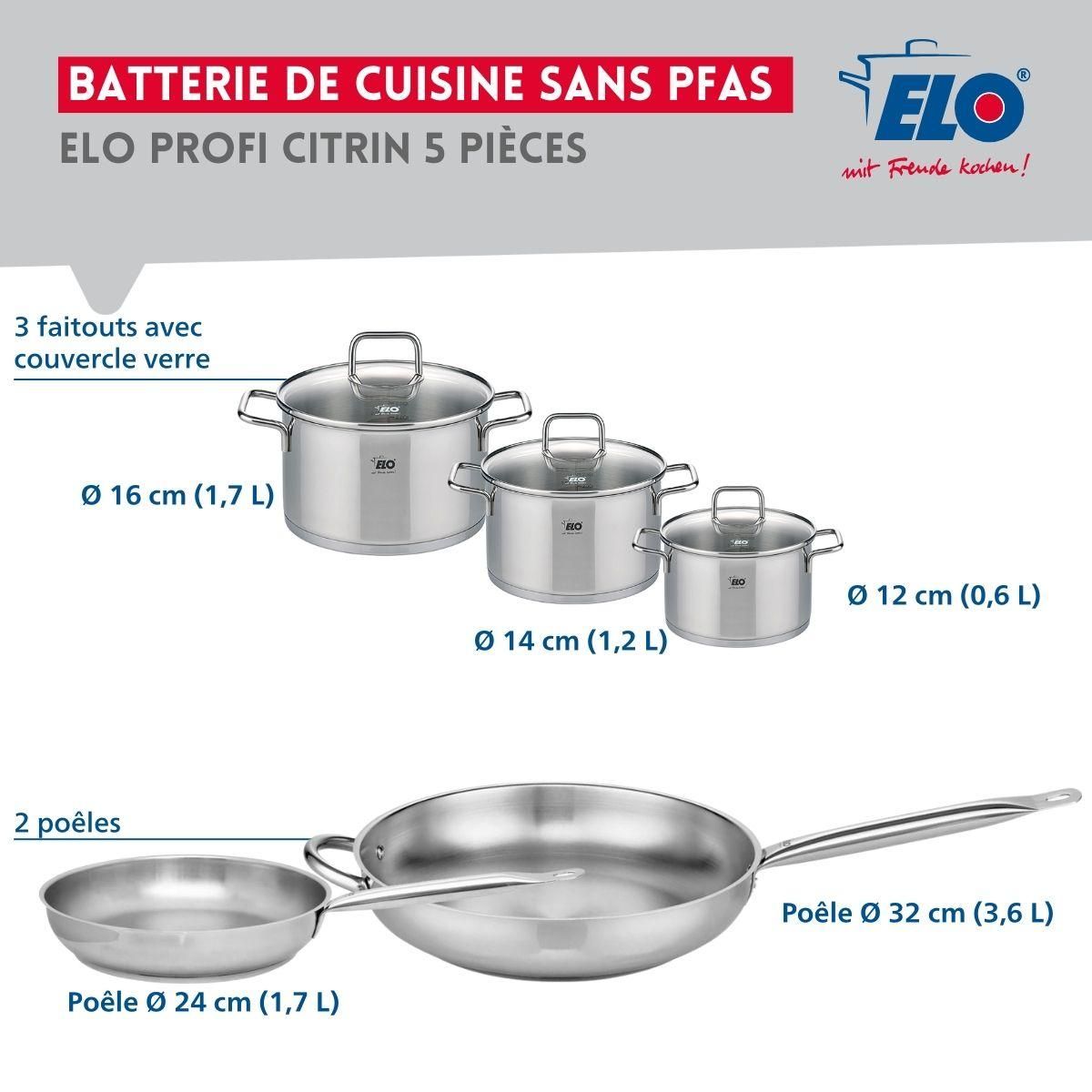 ELO Ensemble de 2 Poêles de cuisson 24 et 32 cm et 3 faitouts 12, 14 et 16 cm Elo Profi Citrin