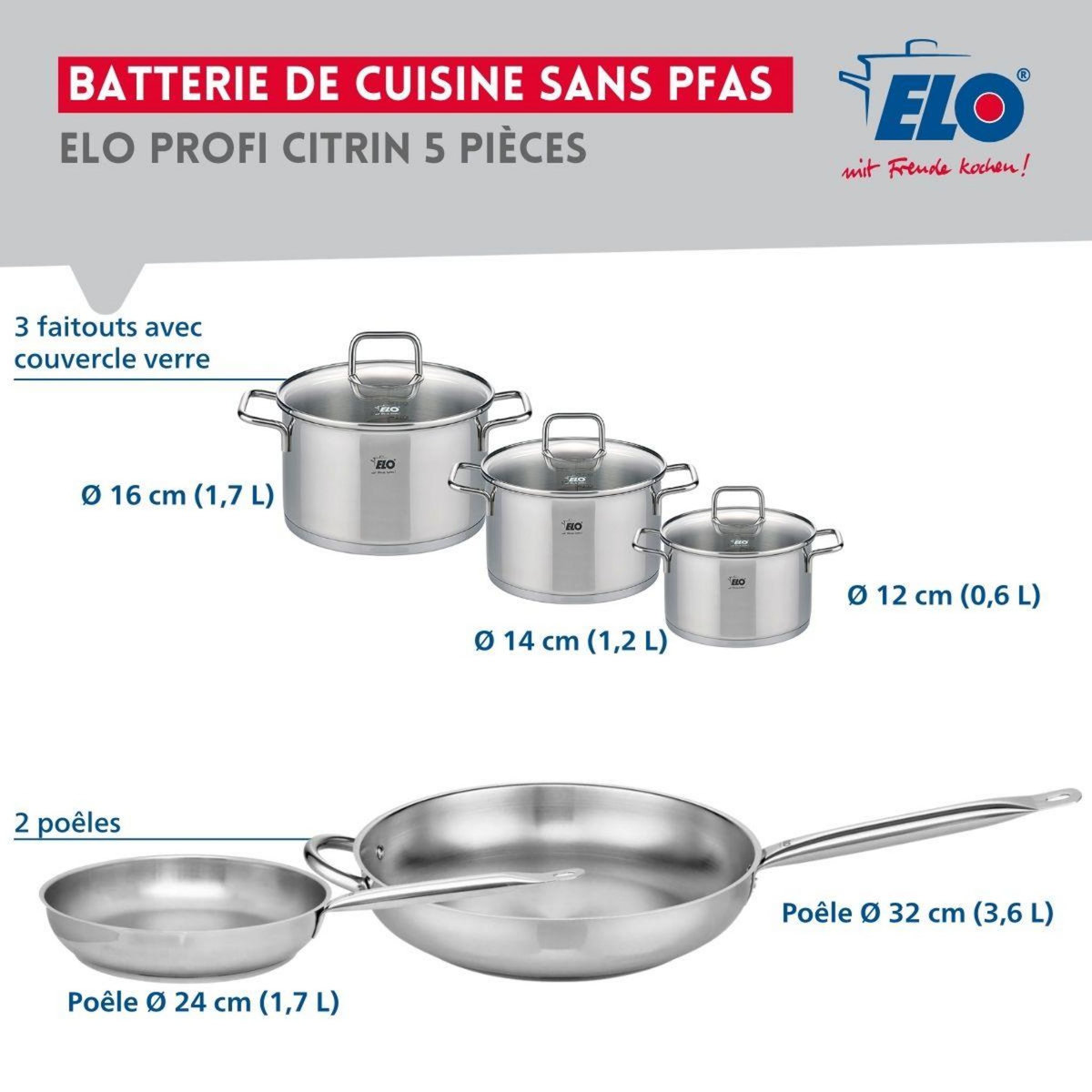 ELO Ensemble de 2 Poêles de cuisson 24 et 32 cm et 3 faitouts 12, 14 et 16 cm Elo Profi Citrin