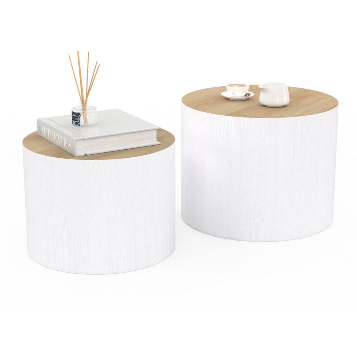 ID MARKET Lot de 2 tables basses cylindres gigognes GALIA bois et blanc