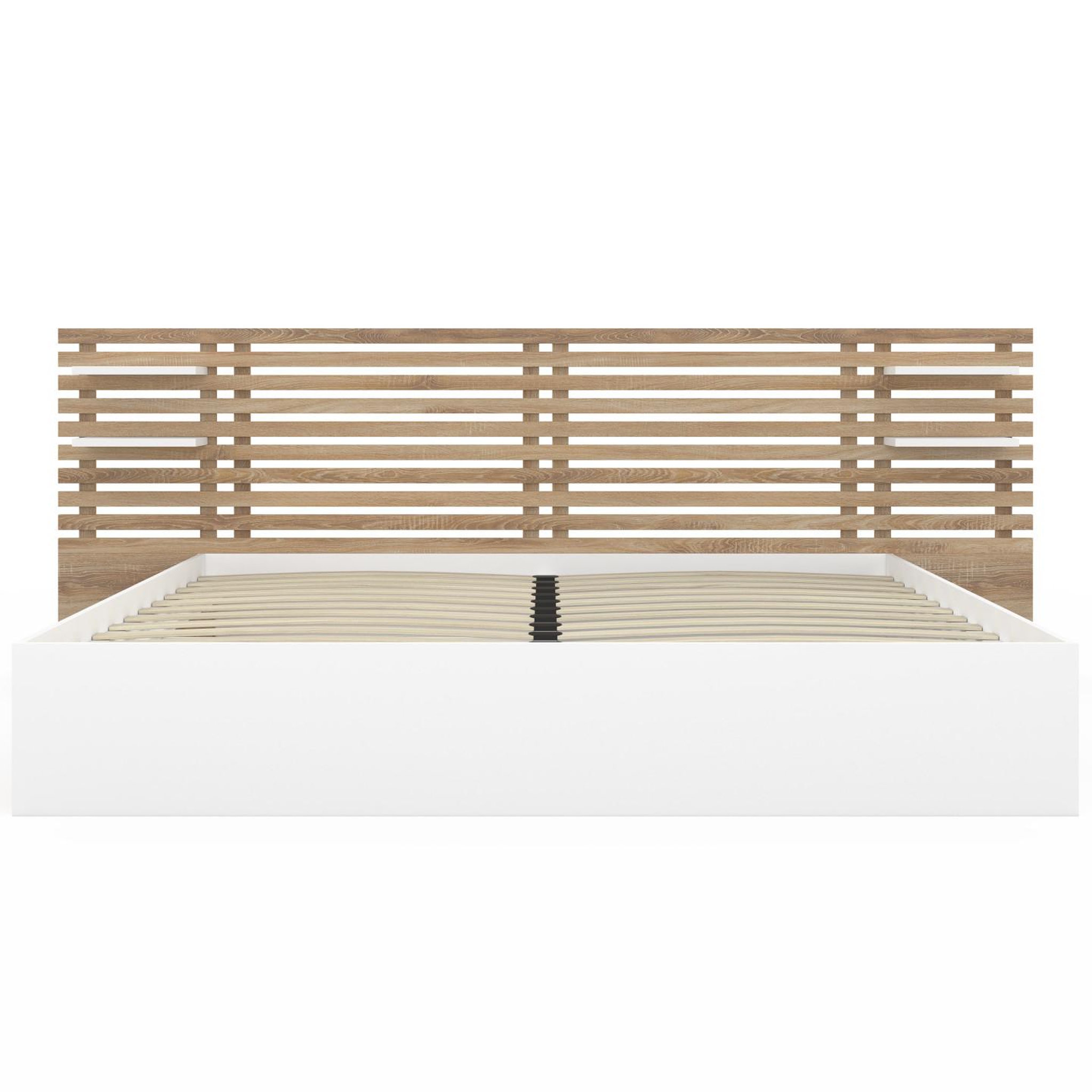 Voir la diapositive 3 : ID MARKET Lit double savana avec tête de lit, chevets, rangements et sommier 180 x 200 cm façon hêtre et blanc