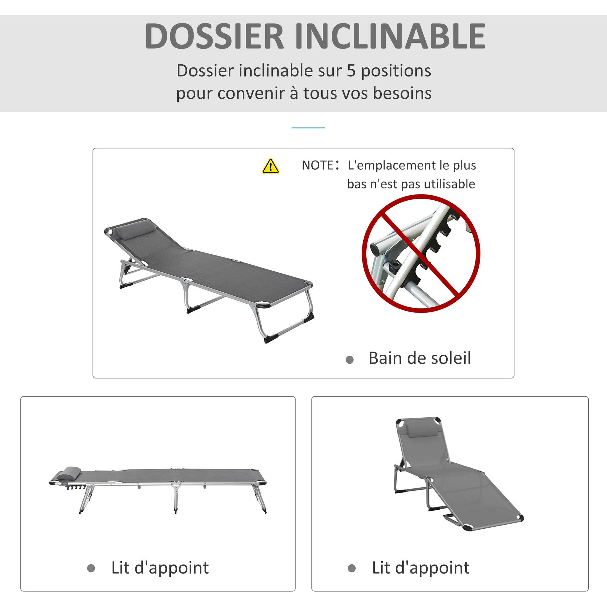 Voir la diapositive 5 : OUTSUNNY Bain de soleil transat pliable grand confort dossier réglable multi-position tétière alu. textilène gris