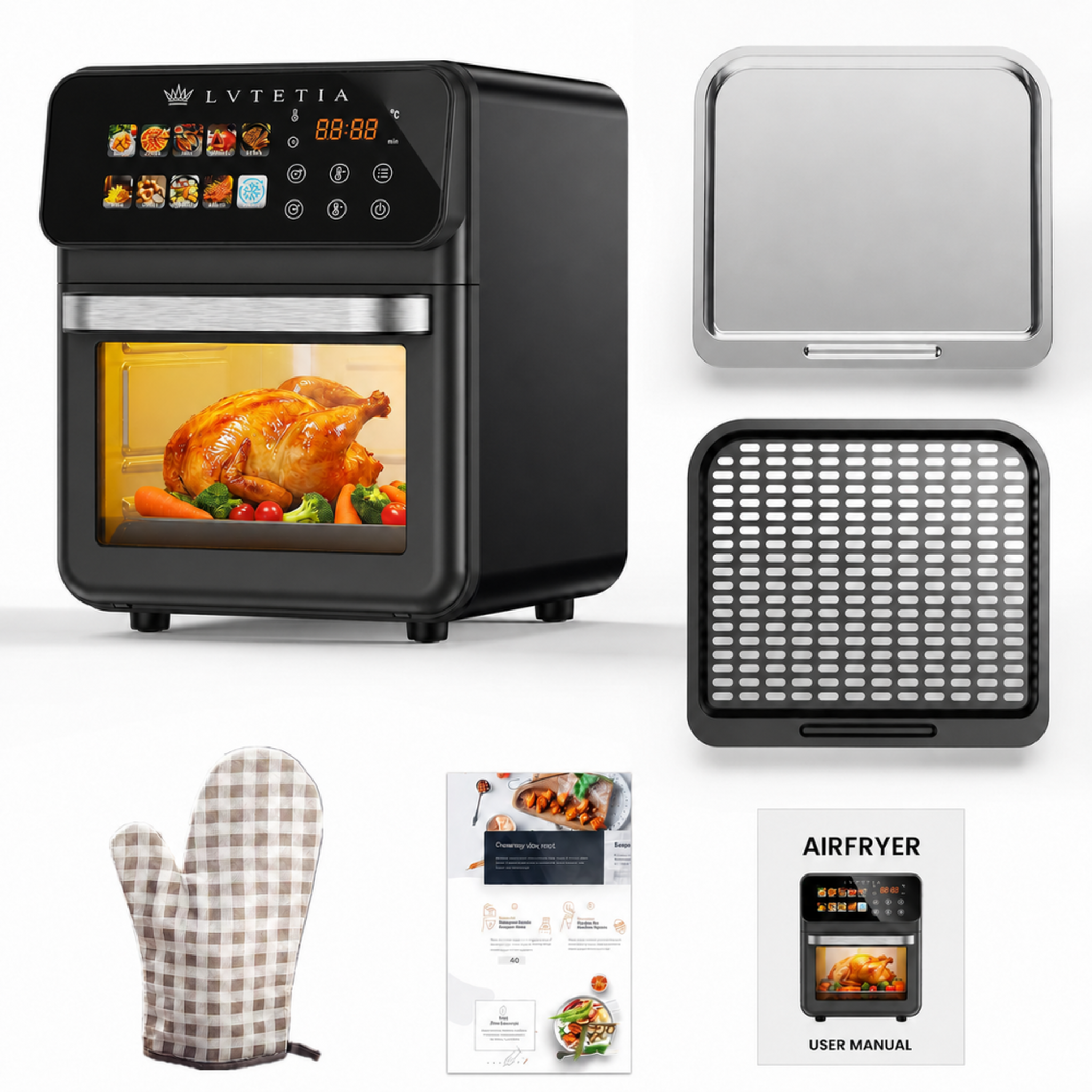 Voir la diapositive 4 : LVTETIA Air Fryer BW-9011D, friteuse sans huile grande capacité 10L avec fenêtre, 1350W, fonction vapeur