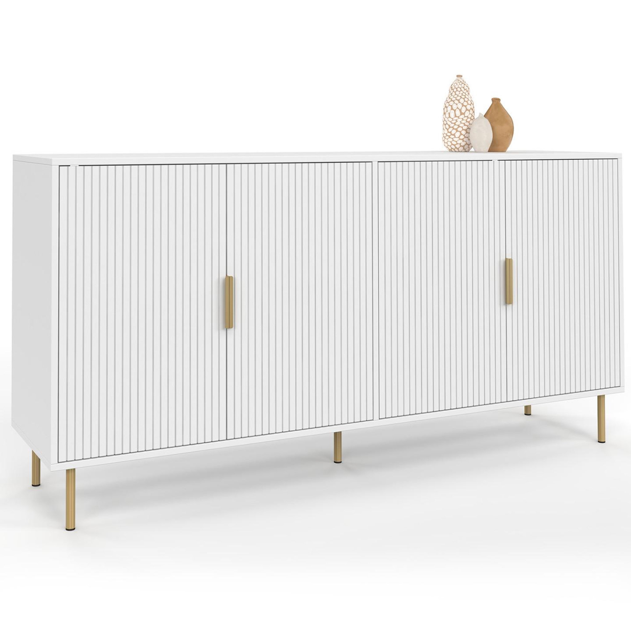 ID MARKET Buffet 160 cm marcel 4 portes blanc effet lattes et finitions dorées