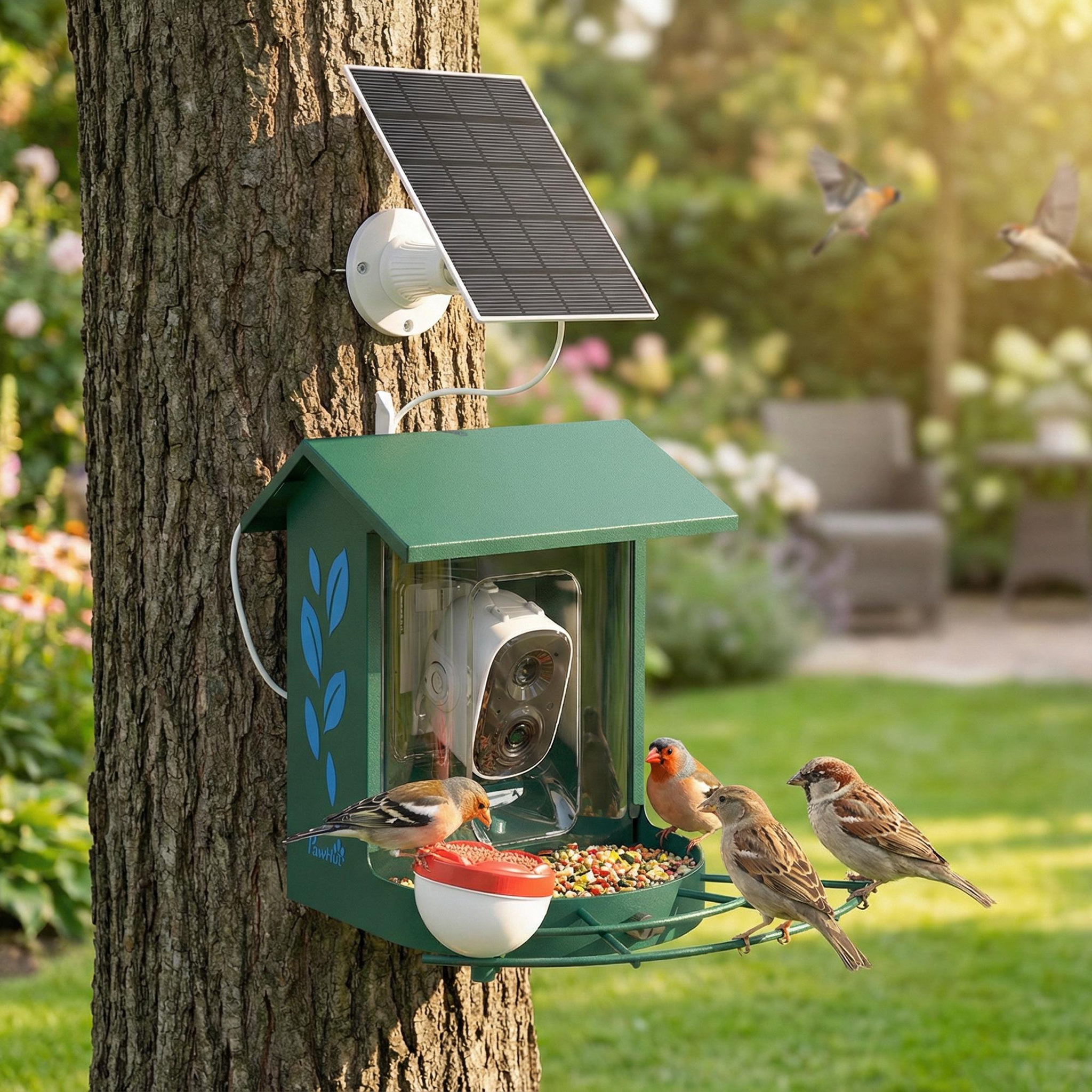 Voir la diapositive 2 : PAWHUT Mangeoire oiseaux avec caméra solaire 3m pixels reconnaissance ia grand angle 142° - 30 x 34 x 26 cm - métal vert