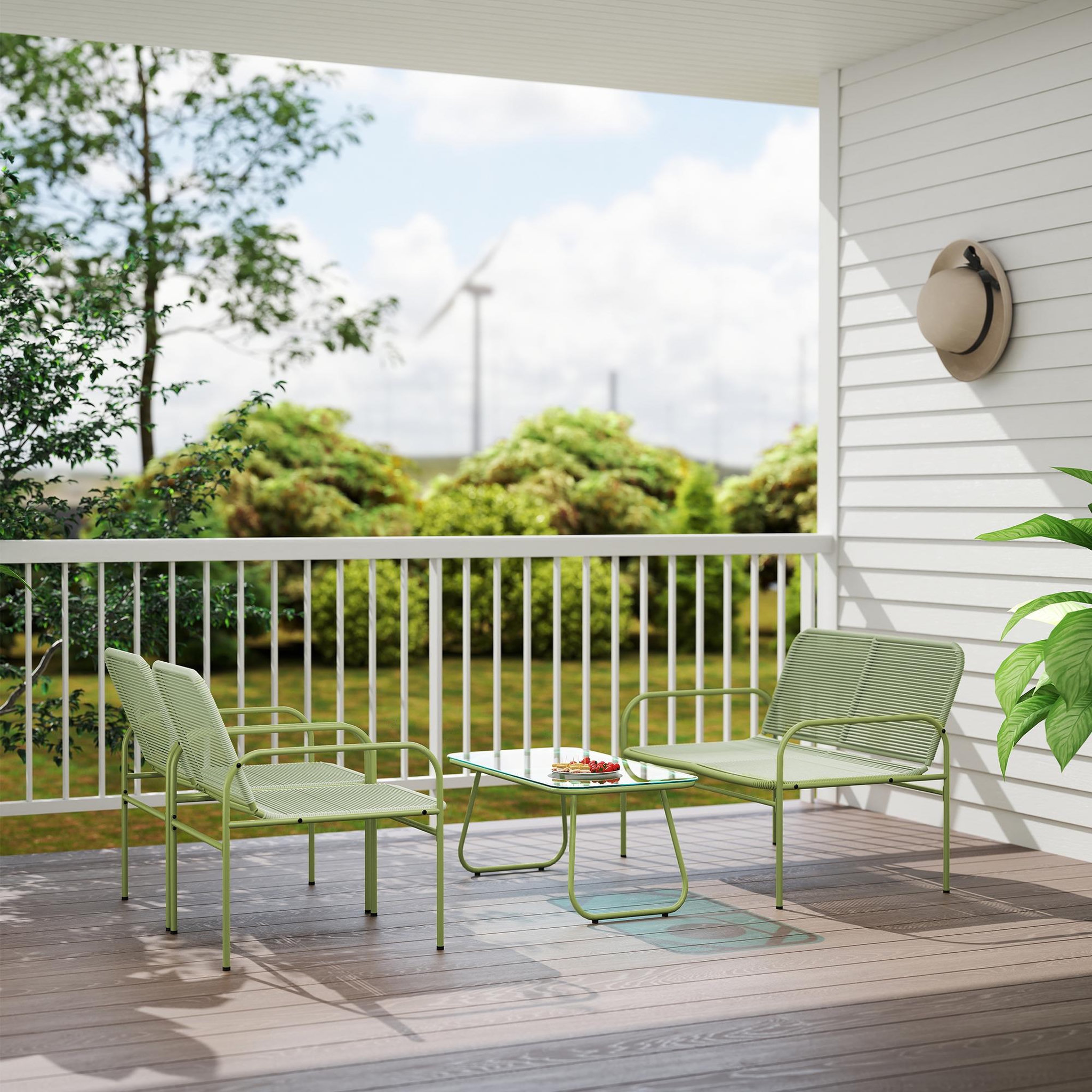 Voir la diapositive 4 : OUTSUNNY Salon de jardin style acapulco 4 places 4 pièces plateau verre trempé acier résine filaire vert