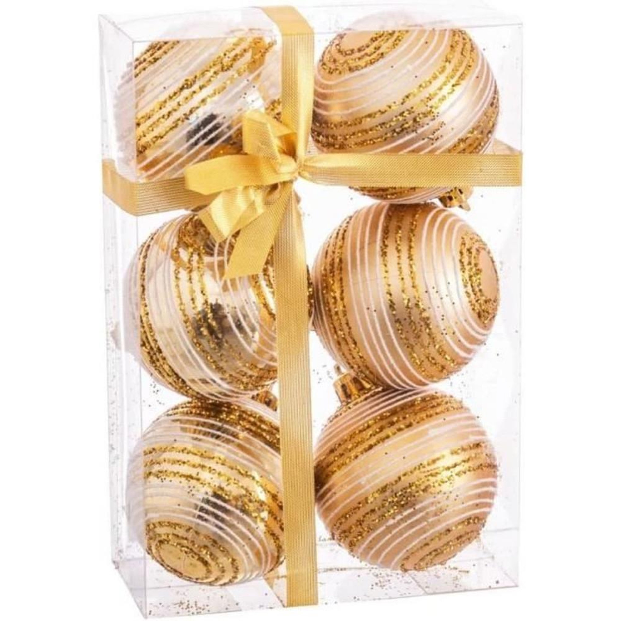 Lot de 6 boules de Noël en verre rondes 60 mm à rayures dorées, avec attache suspendue métal