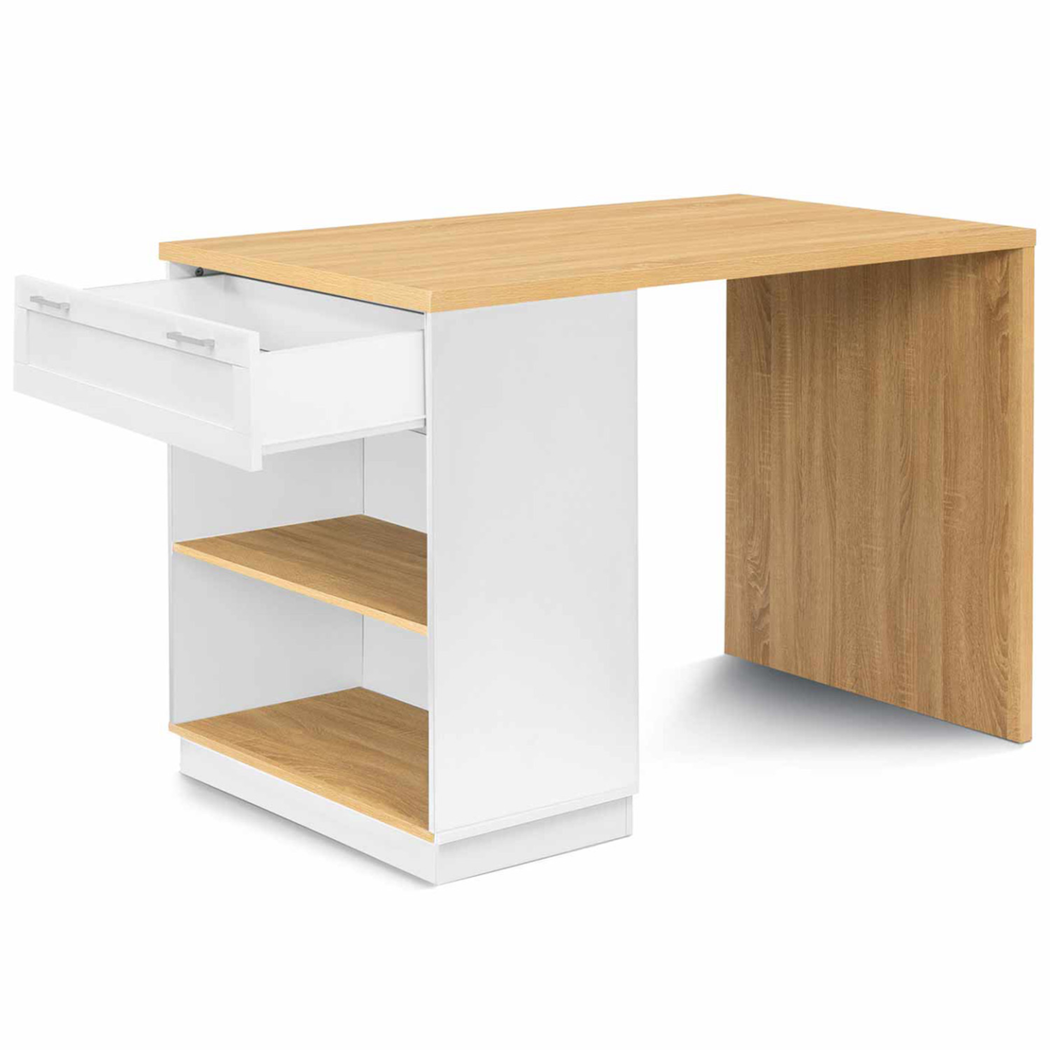 Voir la diapositive 4 : ID MARKET Ilot central mange debout 4 personnes vito 130 cm blanc et plateau bois
