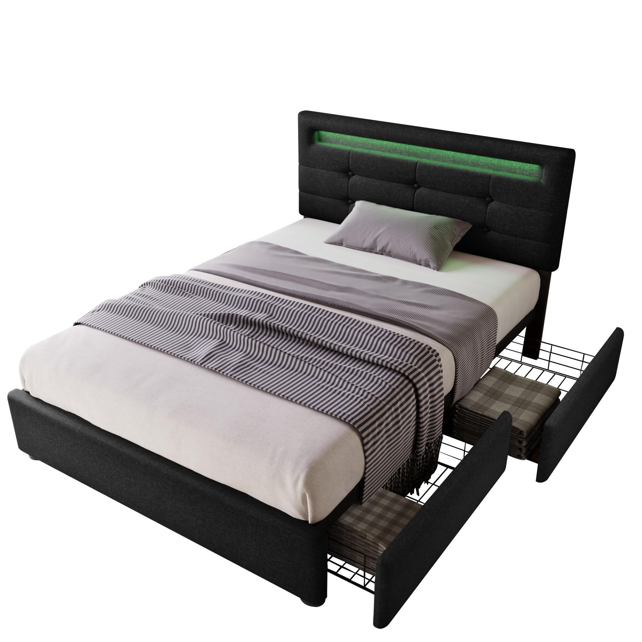 Voir la diapositive 1 : MERAX Lit avec tiroirs et LED Lin
