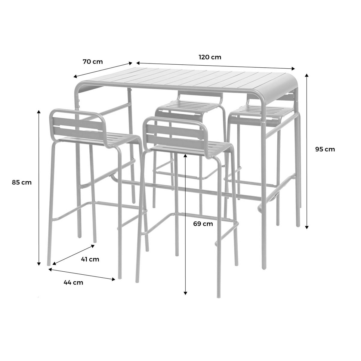 SWEEEK Table haute de jardin AMELIA, 4 chaises hautes en acier, 120 x 70cm x 95cm