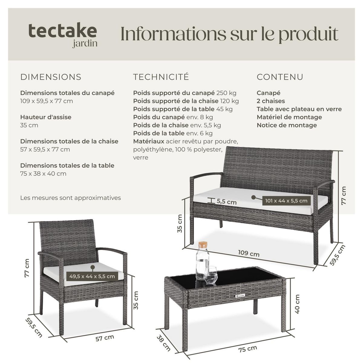 tectake Salon de jardin pour 4 personnes gris
