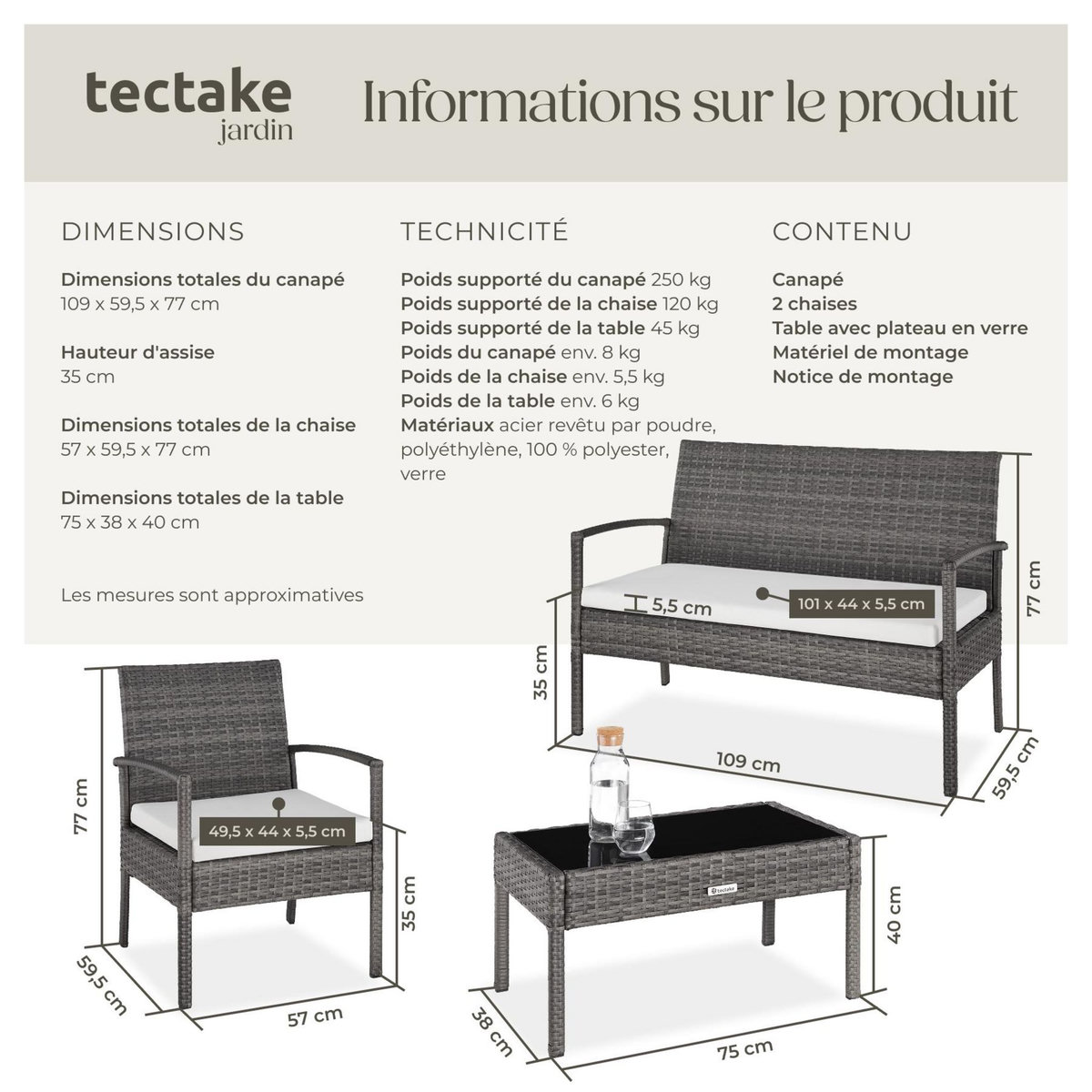 tectake Salon de jardin pour 4 personnes gris