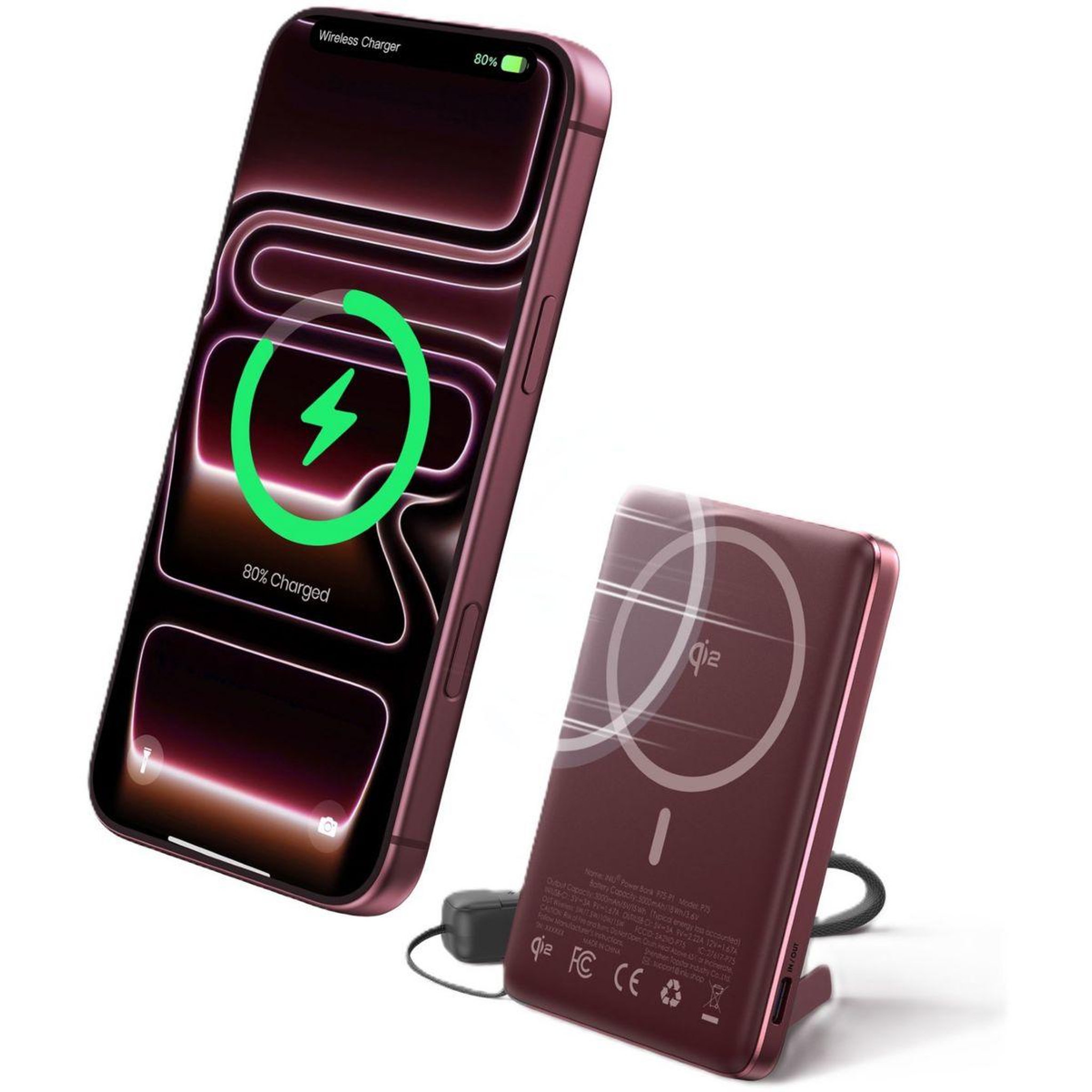 Voir la diapositive 2 : INIU Batterie externe 5000mAh Magnet USB-C Bordeaux