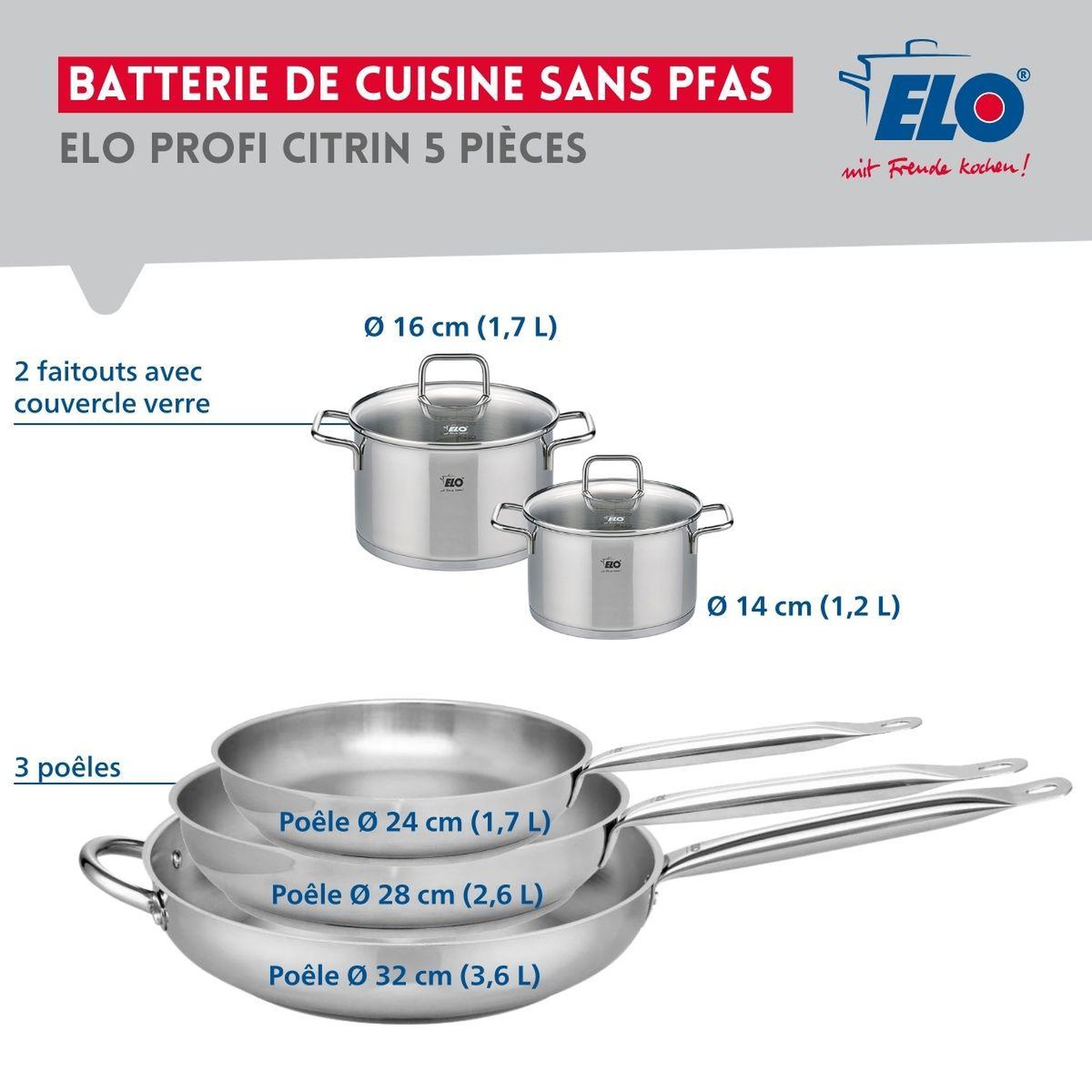 Voir la diapositive 2 : ELO Ensemble de 3 poêles de cuisson 24, 28 et 32 cm et 2 faitouts 14 et 16 cm elo profi citrin
