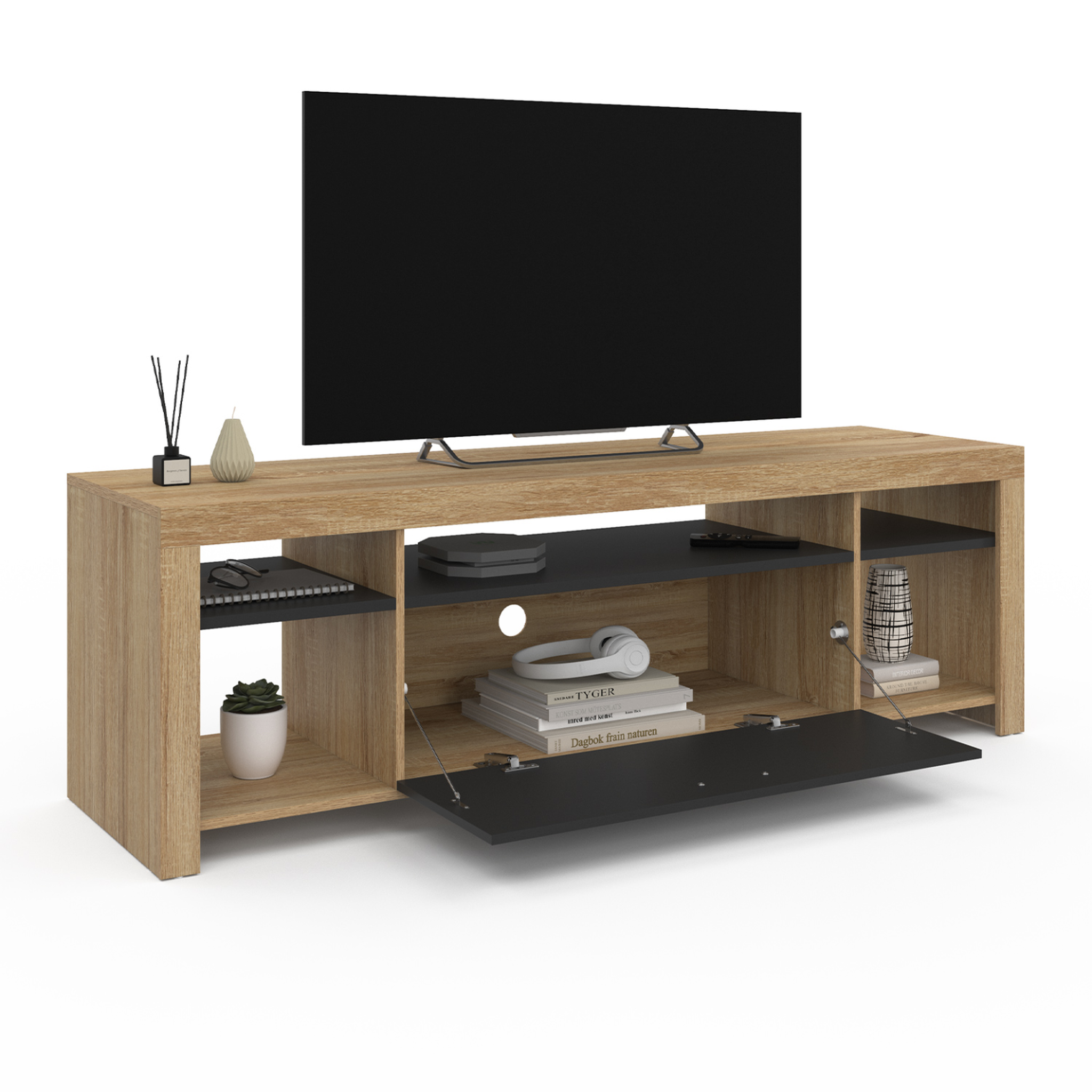 Voir la diapositive 4 : ID MARKET Meuble tv 140 cm malo bois et placard noir