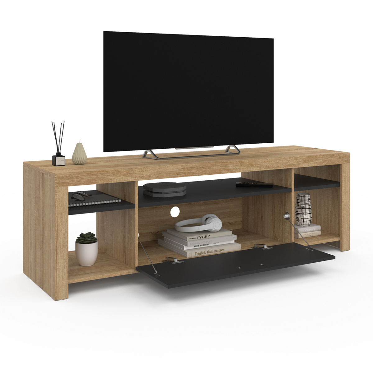 ID MARKET Meuble TV 140 cm MALO bois et placard noir