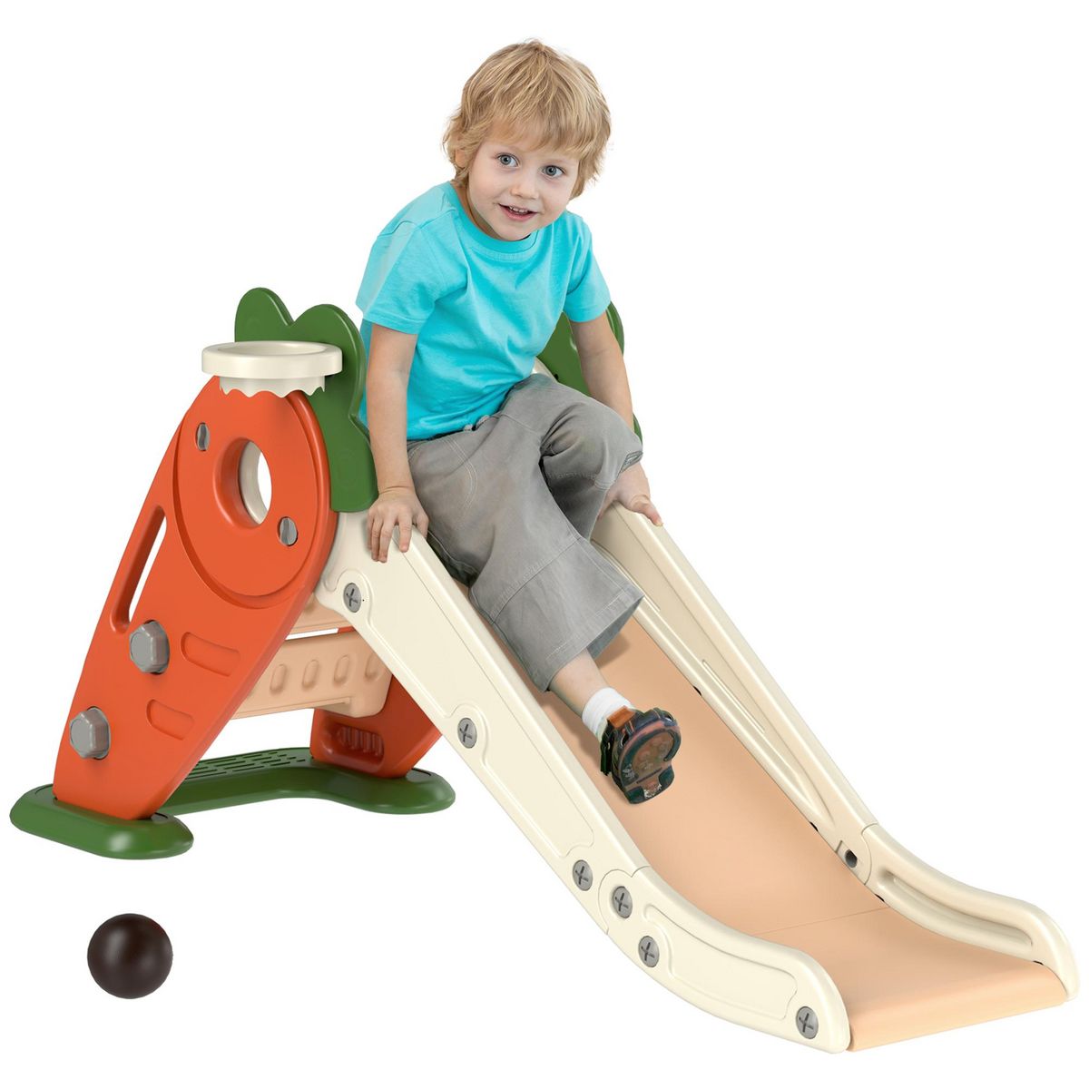 HOMCOM Toboggan pliable enfant 12-36 mois - panier basket, balle inclus - usage intérieur extérieur - HDPE orange beige