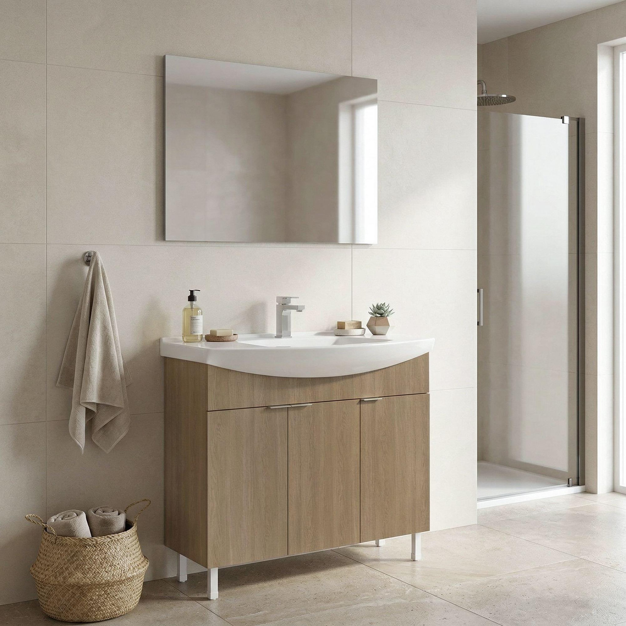 Voir la diapositive 2 : Habitat et Jardin Meuble avec simple vasque et miroir  Purus 100  - 100 x 50 x 83 cm - Oak