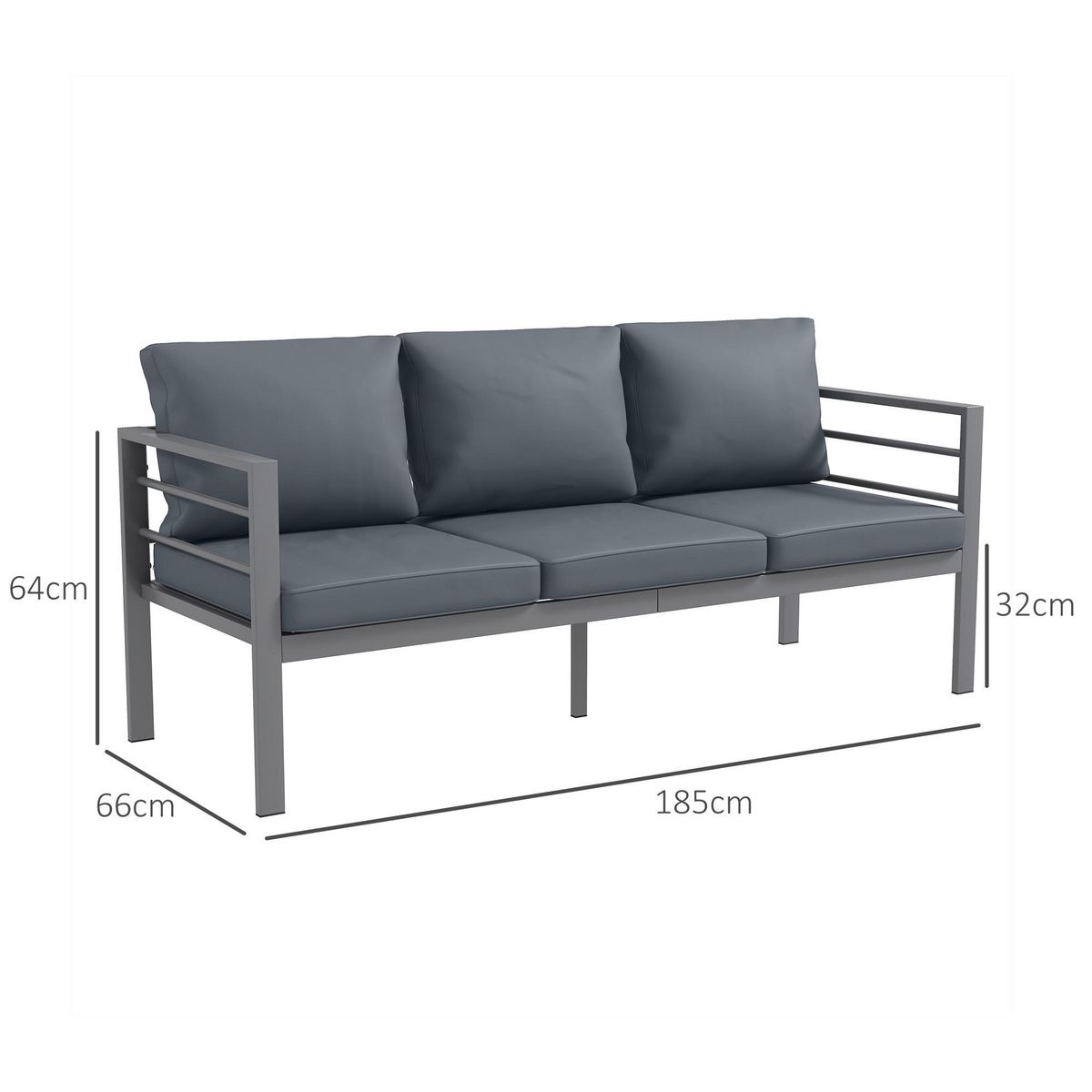 OUTSUNNY Canapé de jardin 3 places design contemporain - dim. 185L x 66l x 64H cm - 6 coussins inclus - alu polyester gris