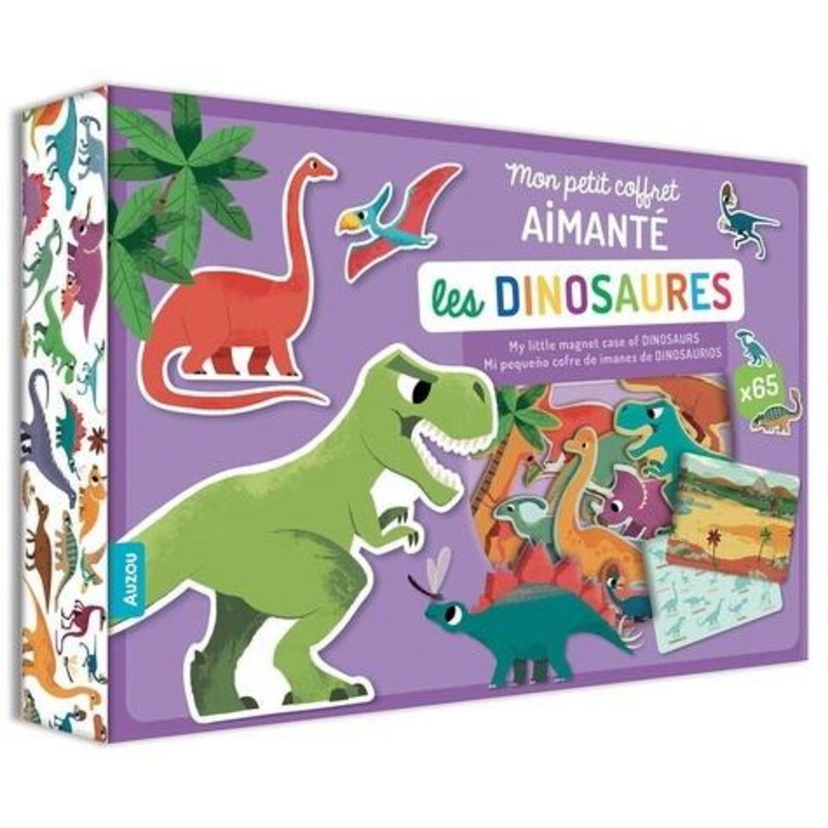 MON PETIT COFFRET AIMANTE LES DINOSAURES. AVEC DES CARTES,  2 TABLEAUX MAGNETIQUES ET 65 AIMANTS, Pesquimo