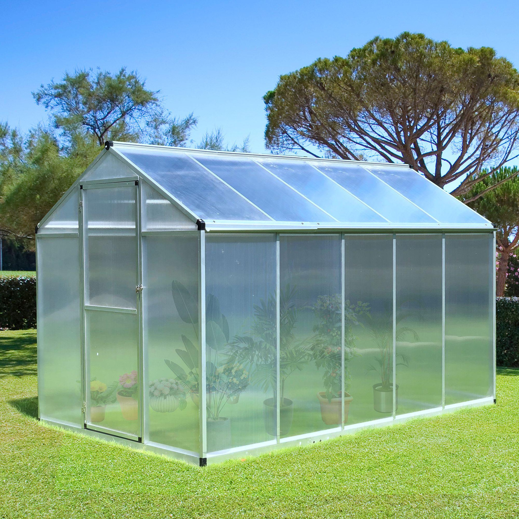 Voir la diapositive 2 : OUTSUNNY Serre de jardin aluminium polycarbonate 5,5 m² dim. 3,03L x 1,83l x 1,95H m fondation lucarne porte loquet