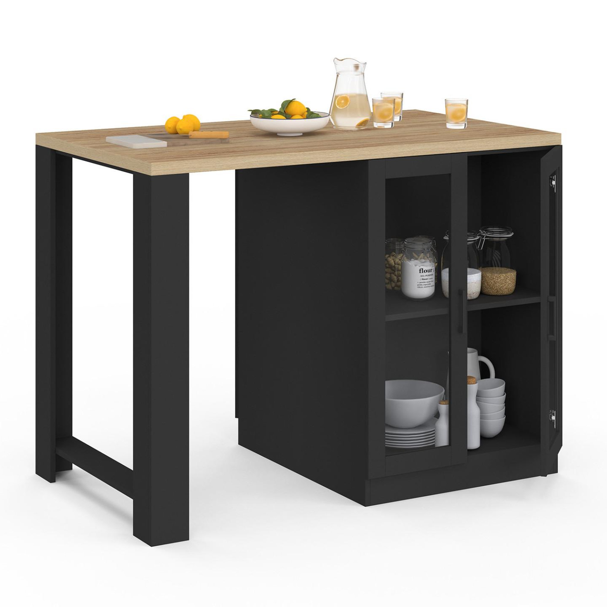 Voir la diapositive 5 : ID MARKET Ilot central lino 120 cm 2 personnes bois noir avec plan de travail façon hêtre et portes vitrées