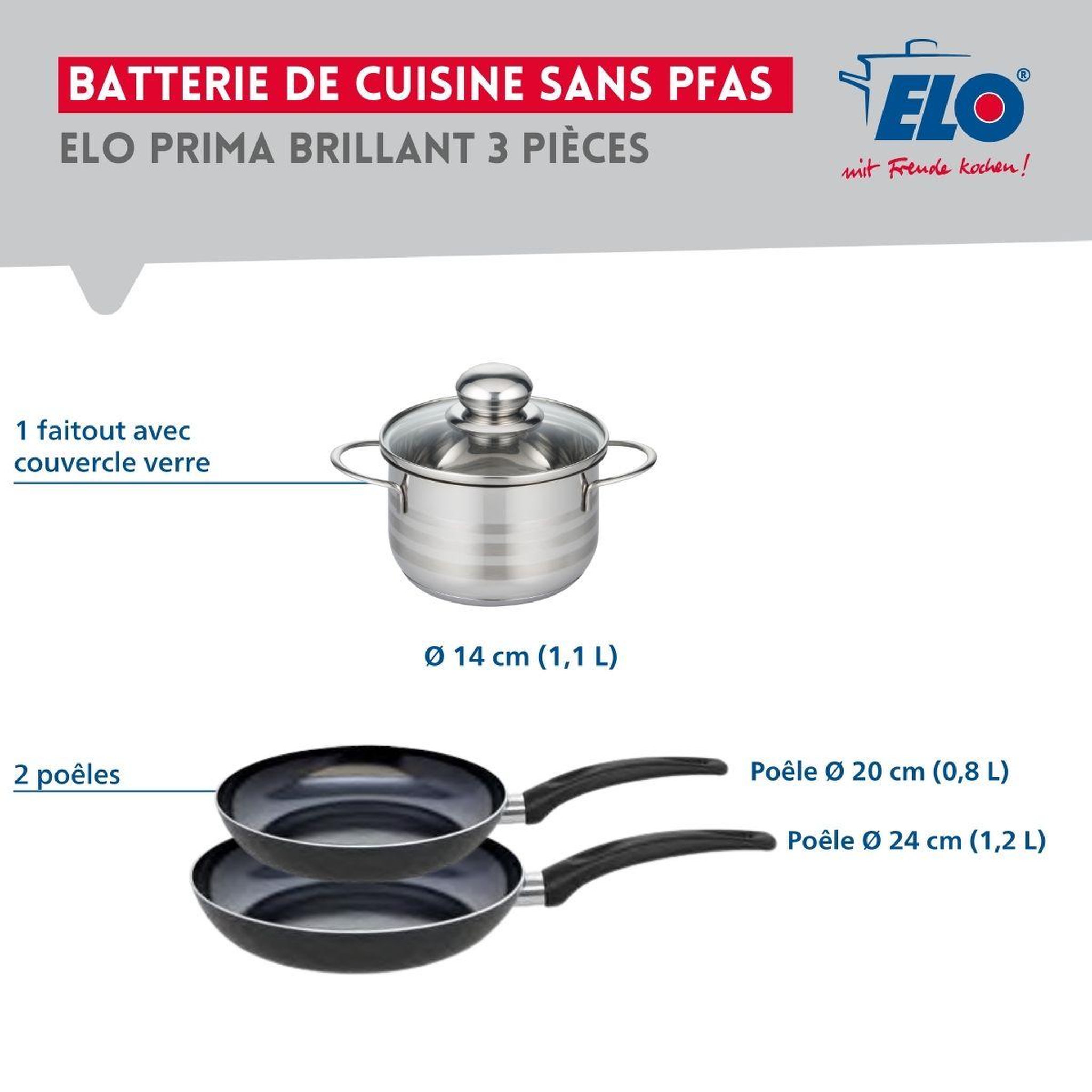 Voir la diapositive 2 : ELO Ensemble de 2 poêles de cuisson 20 et 24 cm et 1 faitout 14 cm elo prima brillant