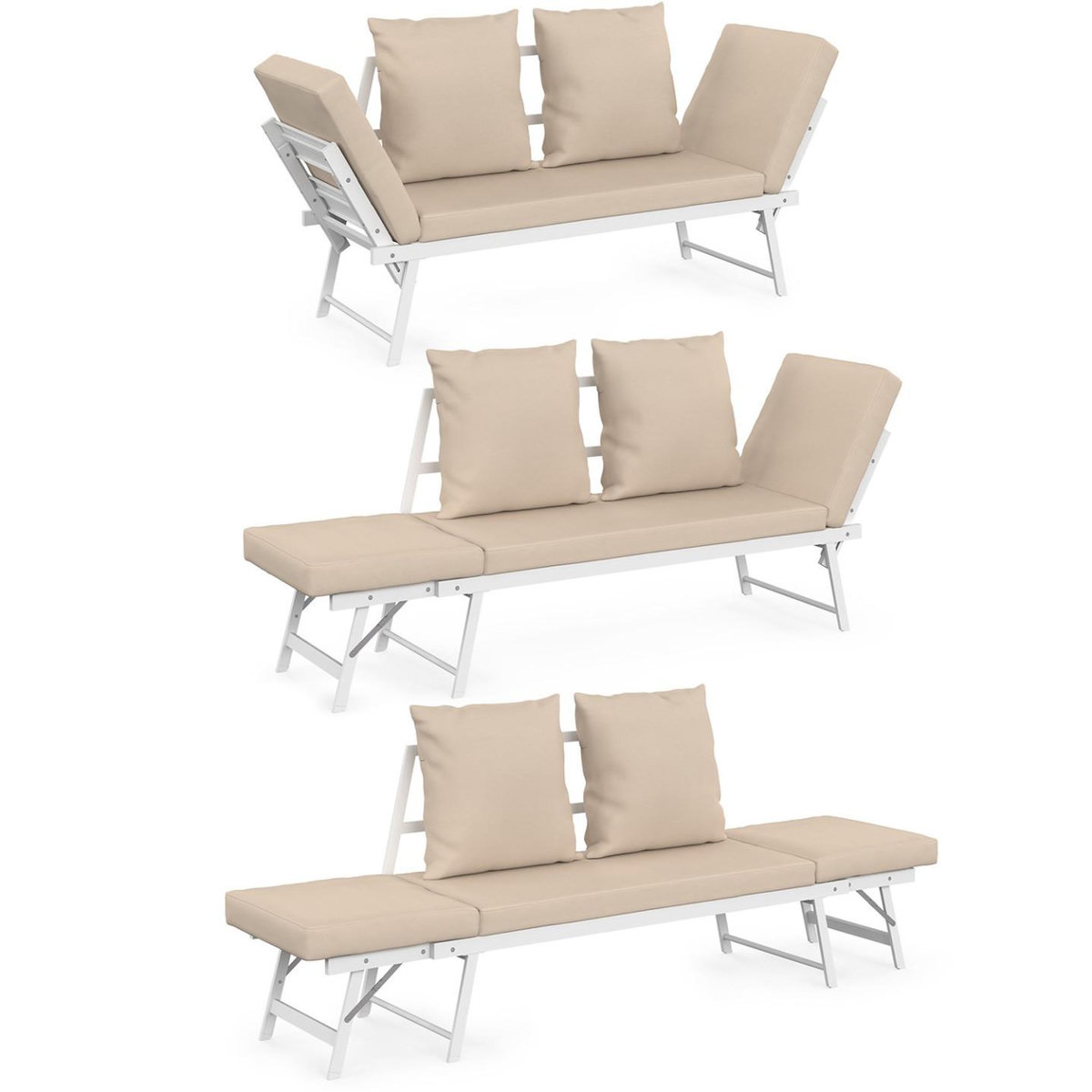 ID MARKET Canapé de jardin, banquette convertible NOLA 2/3 places avec accoudoirs inclinables métal blanc et coussins beige