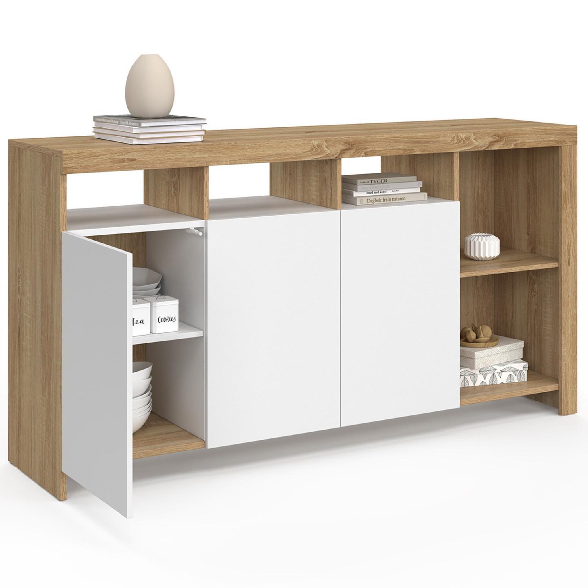 Voir la diapositive 4 : ID MARKET Buffet 140 cm MALO bois façon hêtre et portes blanches