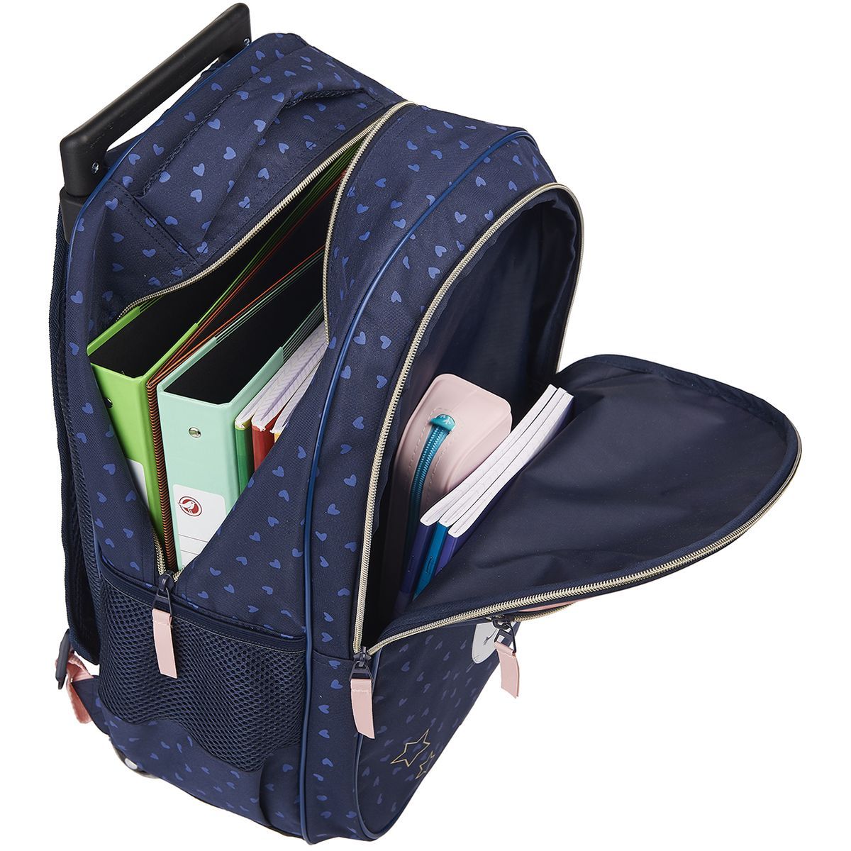 Milky Kiss Sac à dos à roulettes bleu et rose paillettes coeurs imprimé CHAT