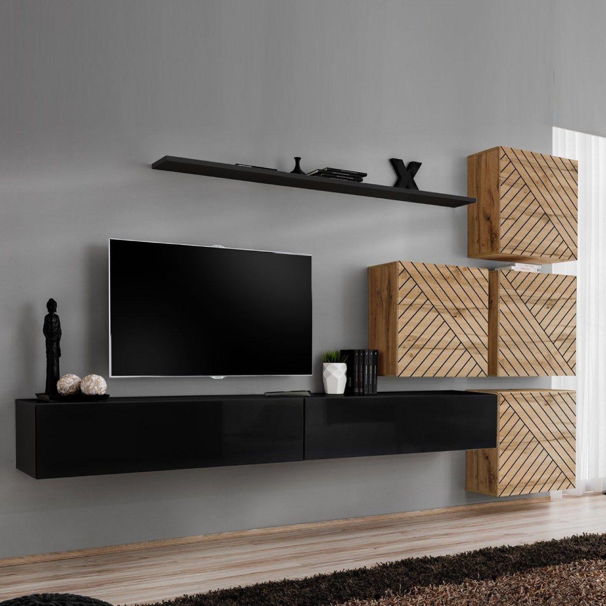 Paris Prix Ensemble meuble tv  switch lamel ix  310cm noir & naturel