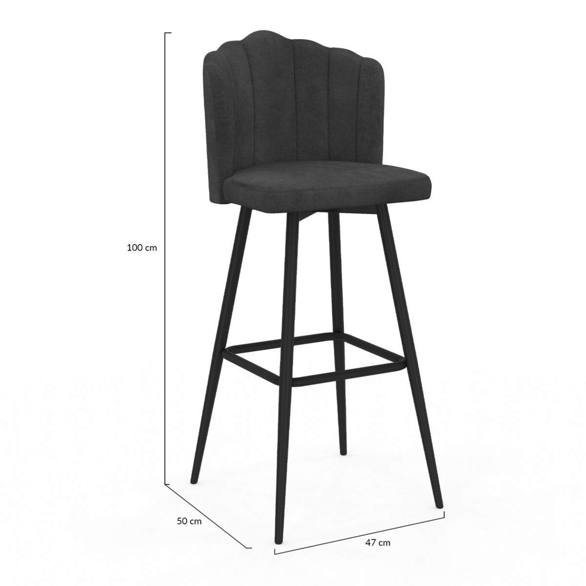 ID MARKET Lot de 2 tabourets de bar coquillage ADELLA gris anthracite en velours pieds noirs