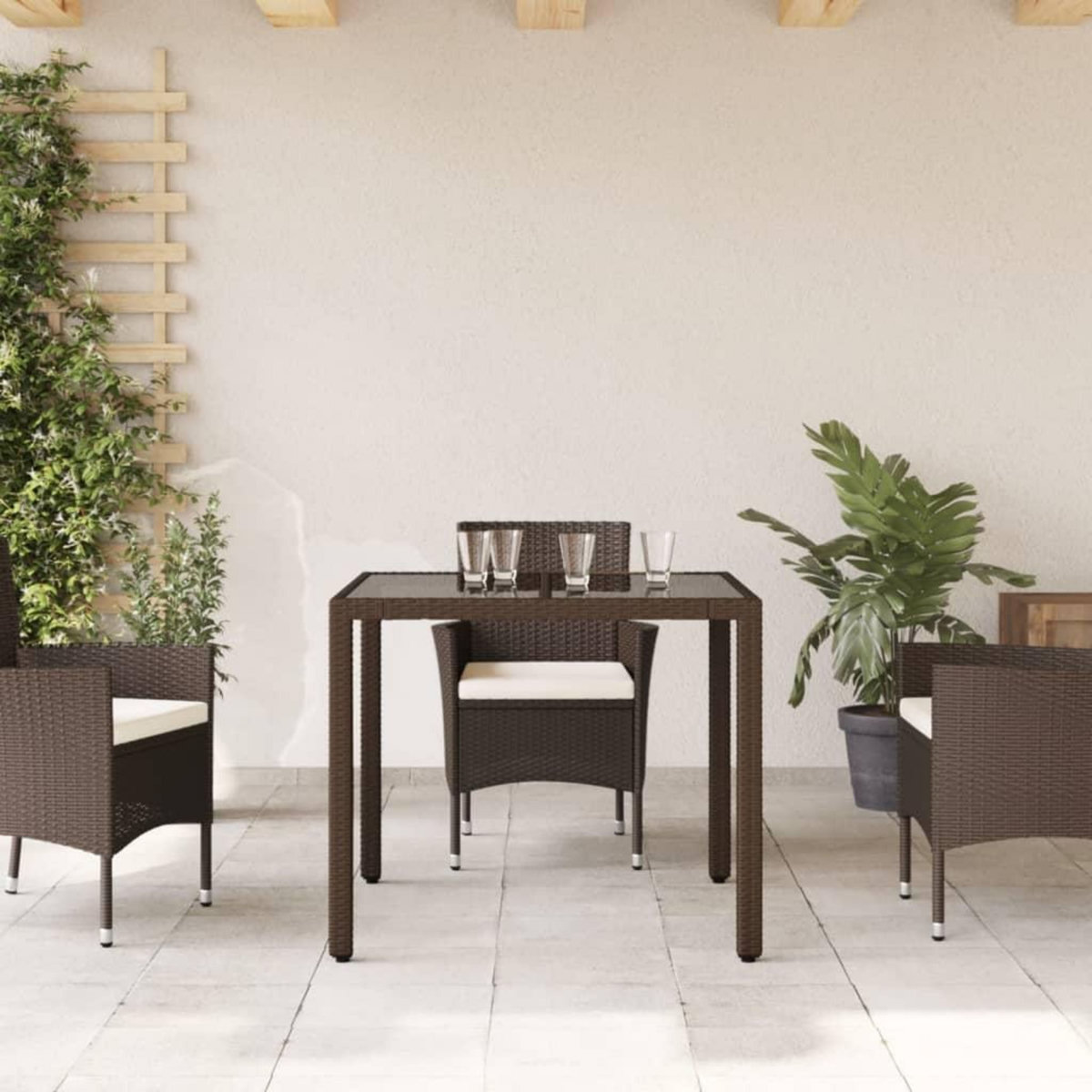 VIDAXL Table de jardin avec dessus en verre marron resine tressee