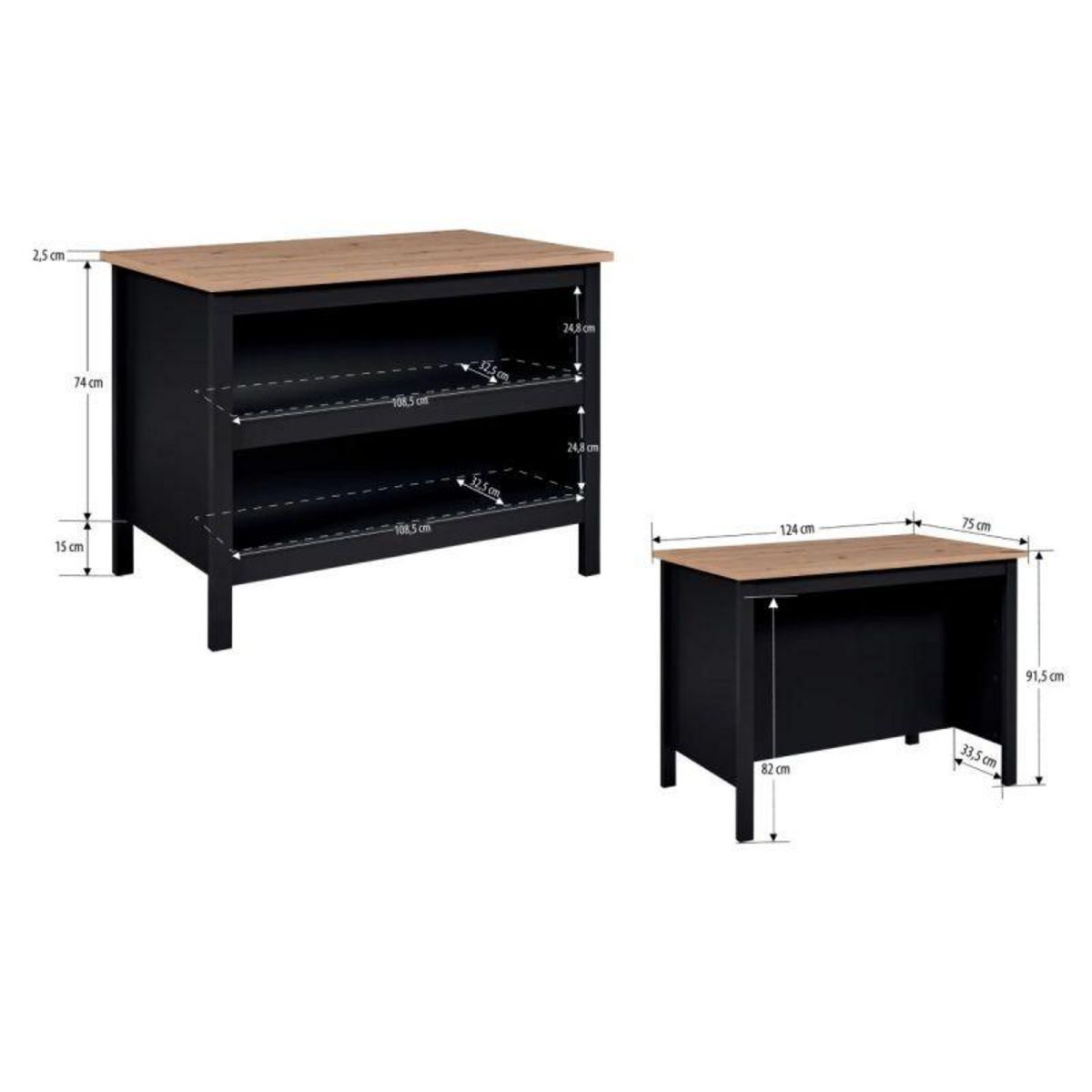 Paris Prix Ilot de Cuisine  Melina  124cm Noir & Chêne