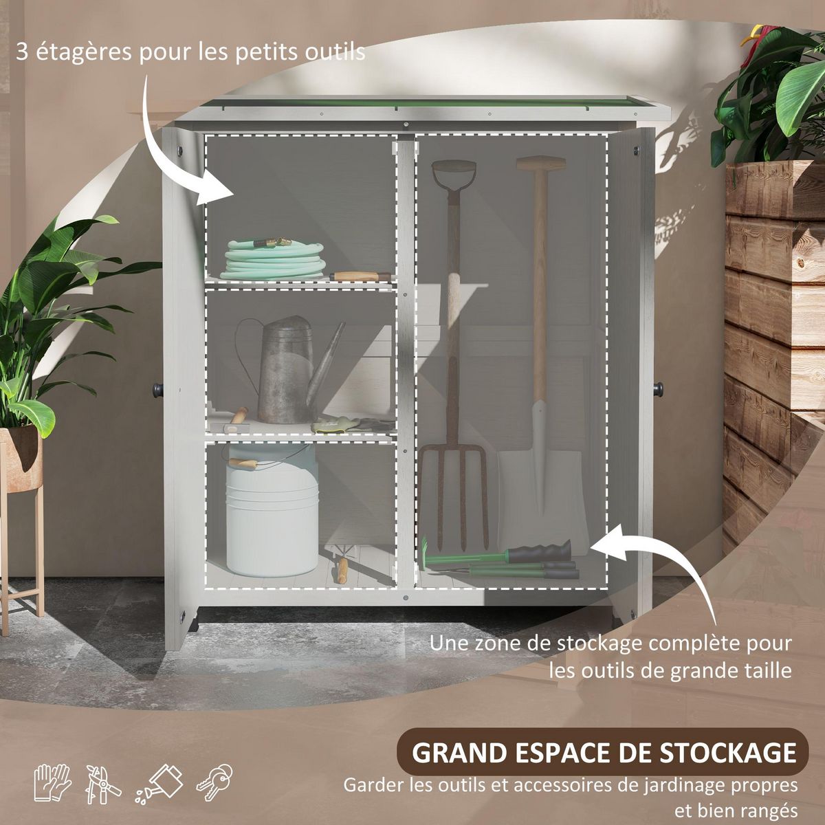 OUTSUNNY Abri de jardin armoire de jardin sur pied dim. 110L x 55l x 117H cm 2 étagères 2 portes toit bitumé bois sapin pré-huilé gris clair