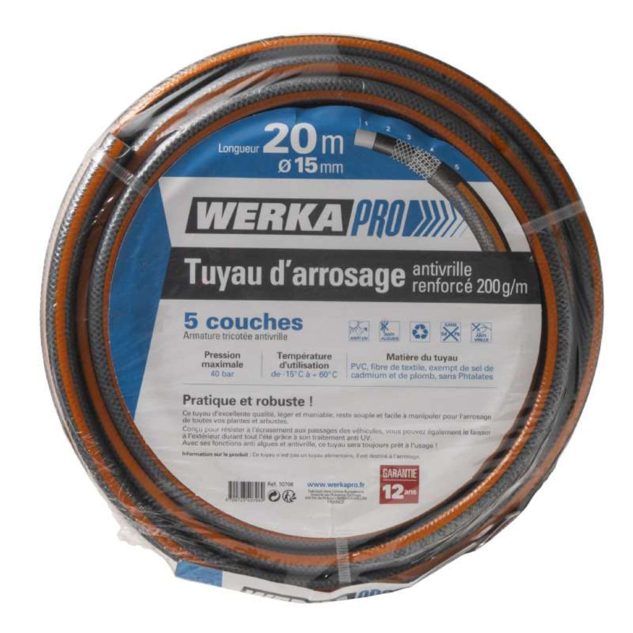 Voir la diapositive 3 :  Tuyau d'arrosage 15 mm anti-vrille renforcé 200 g/m Werkapro 20 m