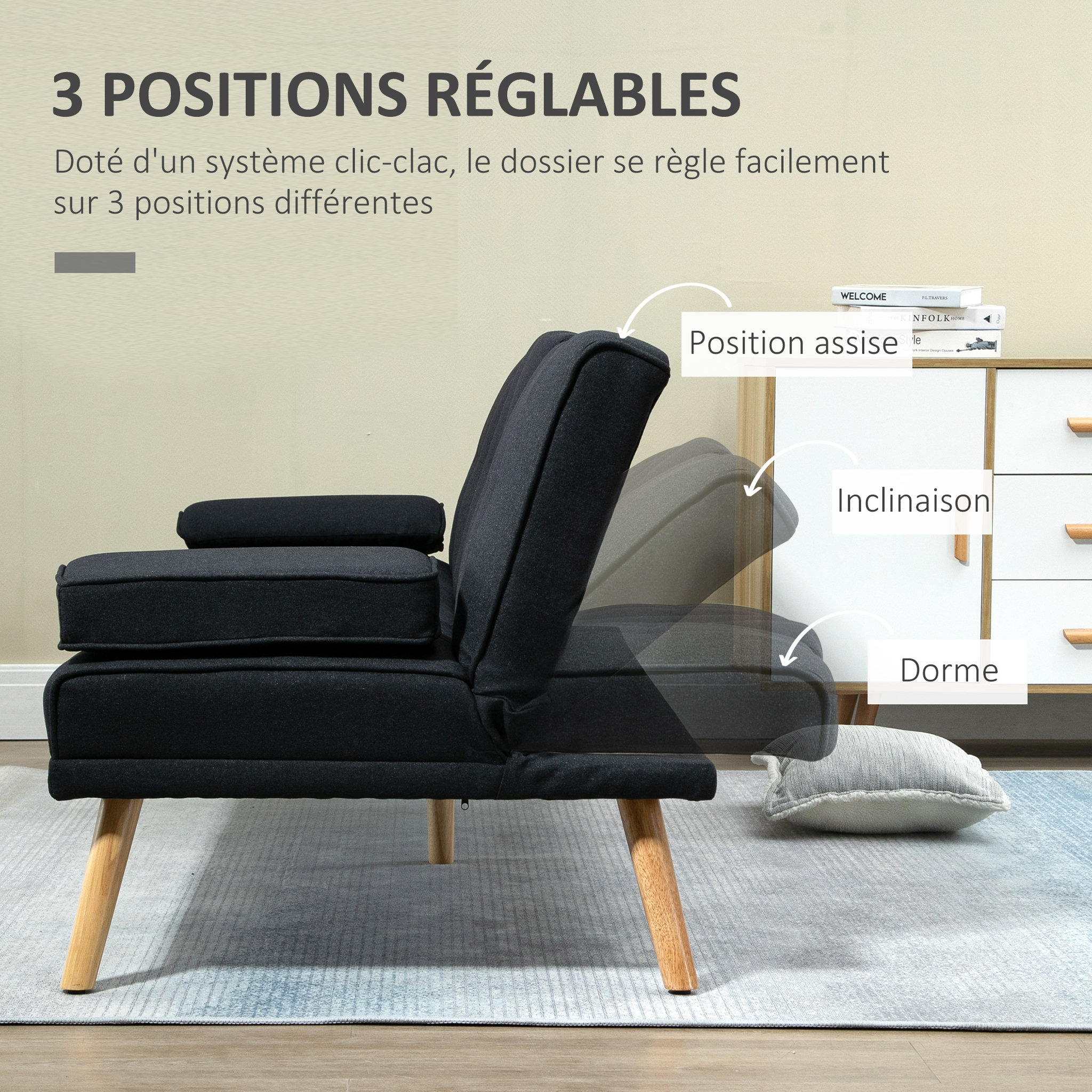 Voir la diapositive 5 : HOMCOM Canapé convertible 3 places design scandinave inclinaison dossier réglable 3 niveaux dossier centrale rabattable 2 porte-verres bois peuplier polyester anthracite