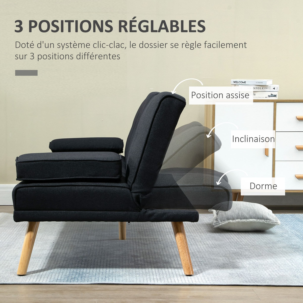 HOMCOM Canapé convertible 3 places design scandinave inclinaison dossier réglable 3 niveaux dossier centrale rabattable 2 porte-verres bois peuplier polyester anthracite