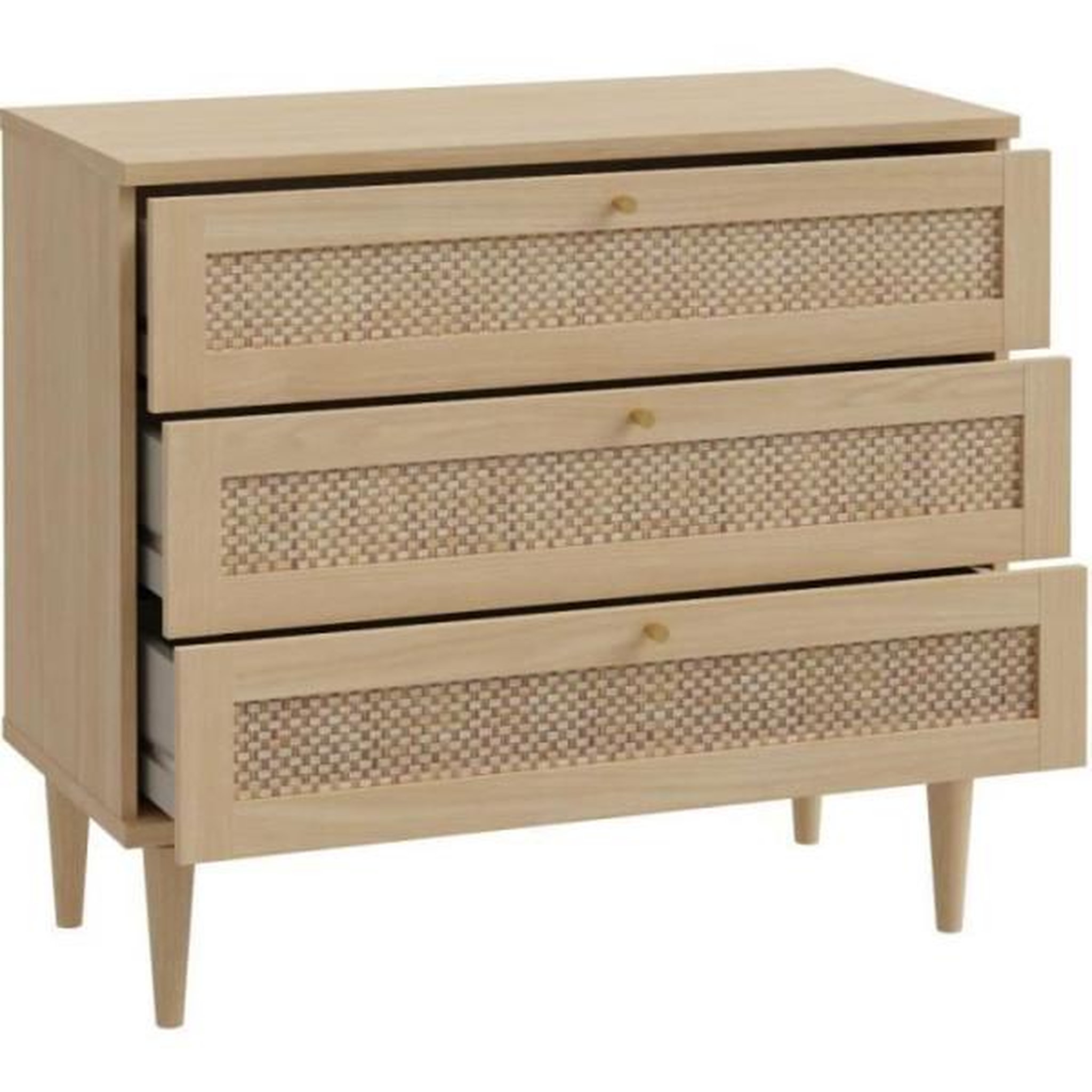 Voir la diapositive 5 : MARKET24 Commode - 3 tiroirs - Décor Chene- Cannage - L90,4 x P41,4 x H80 cm - CALASETTA