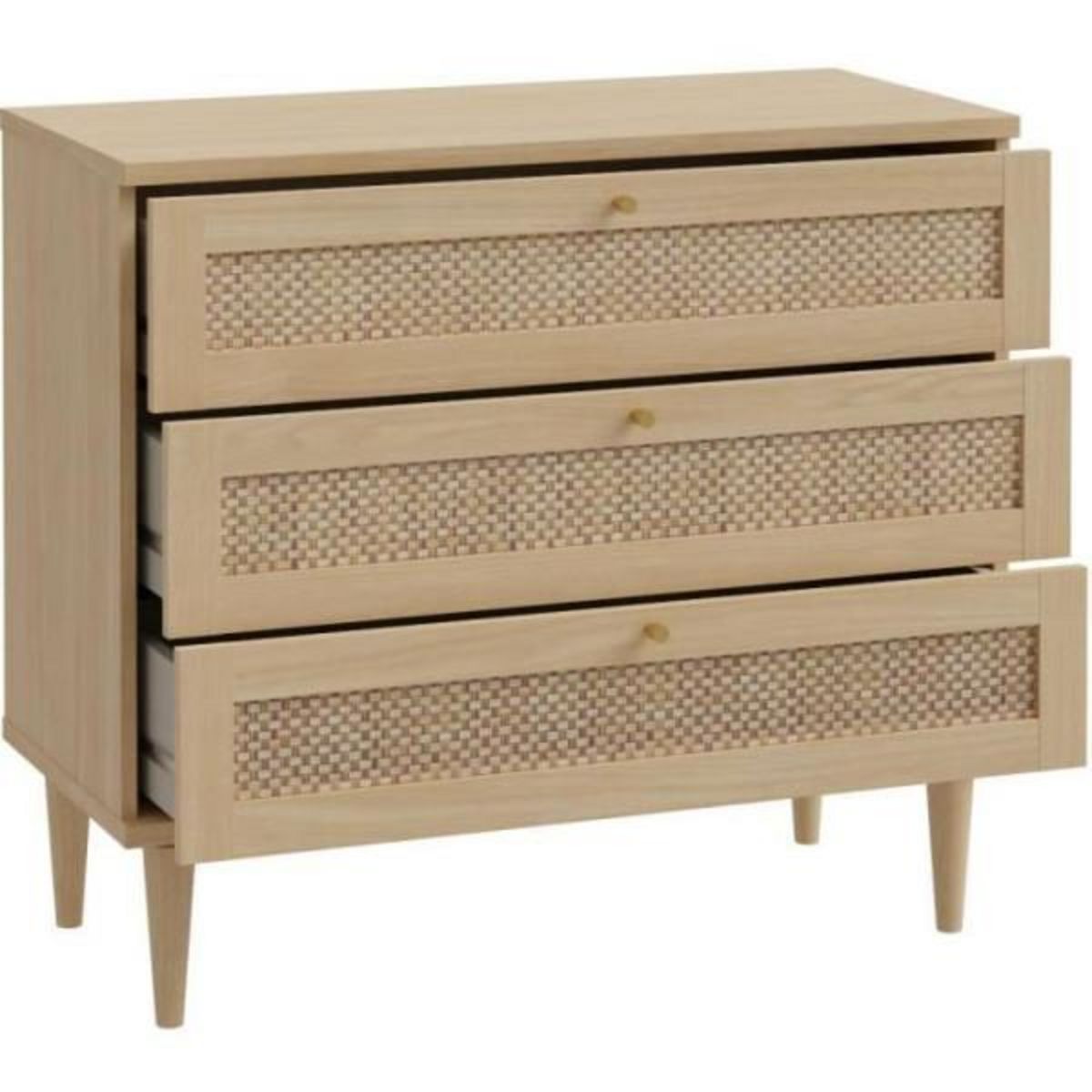 MARKET24 Commode - 3 tiroirs - Décor Chene- Cannage - L90,4 x P41,4 x H80 cm - CALASETTA