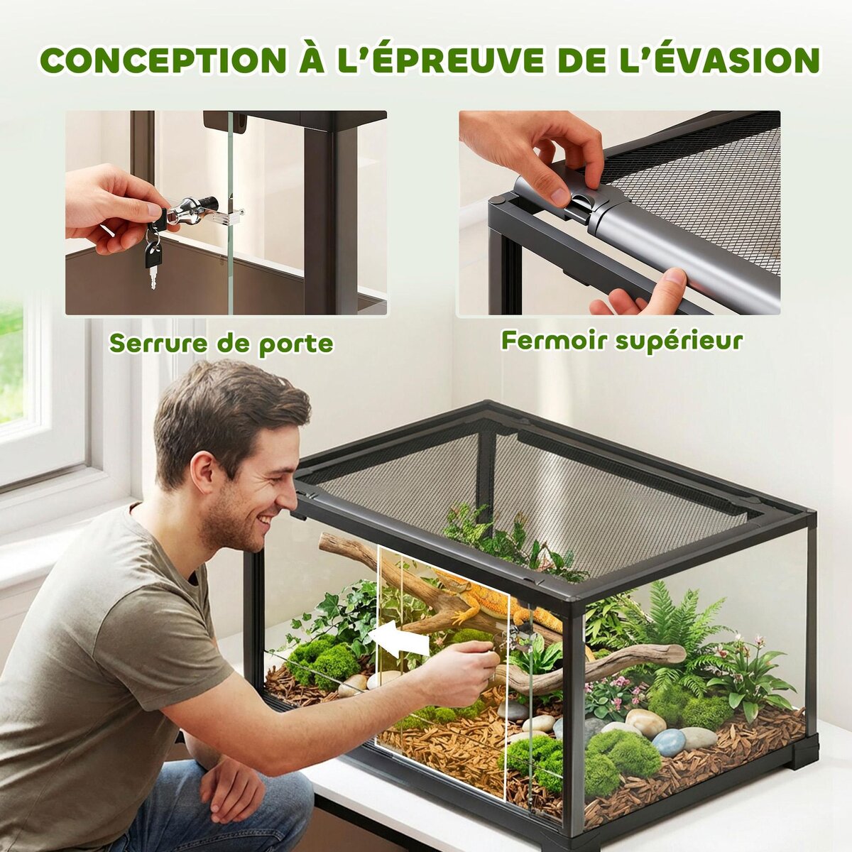 PAWHUT Terrarium 86L - toit maillé et porte coulissante verrouillable - 50x30x35cm - alu noir verre