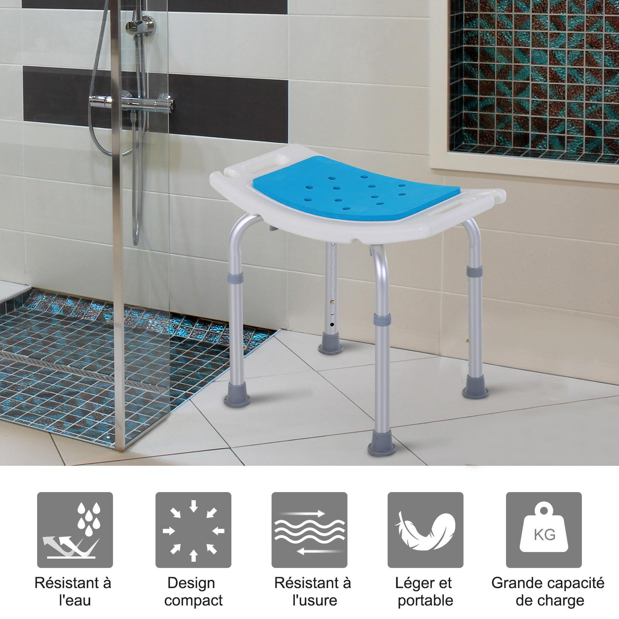 Voir la diapositive 6 : HOMCOM Siège de douche réglable en hauteur tabouret de douche ergonomique pieds antidérapants charge max. 135 kg alu hdpe blanc bleu