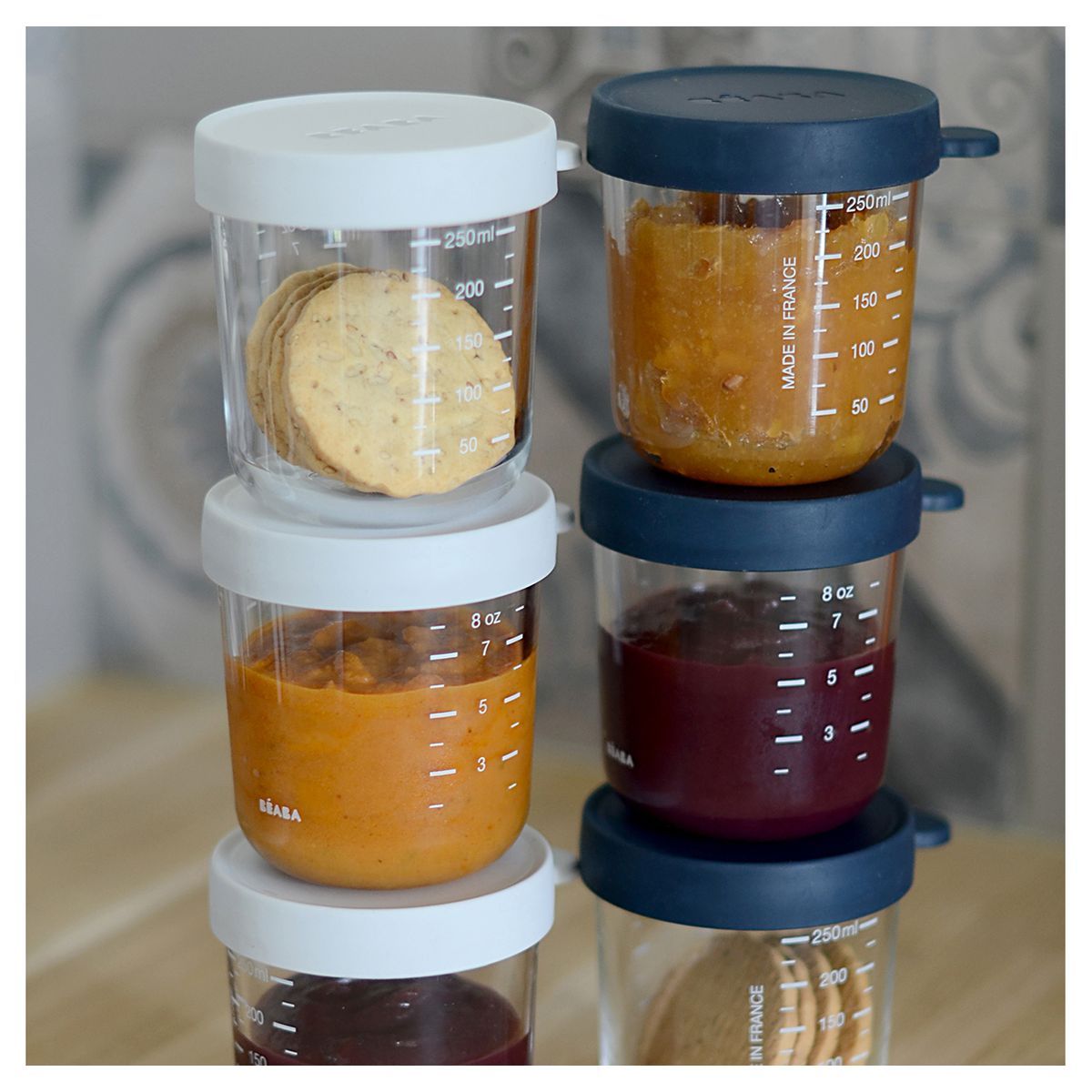 BEABA Pack 6 portions verre ( 250 ml dark blue  / 250 ml light miste)