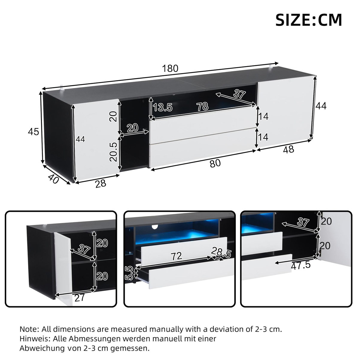 MERAX Meuble tv noir+blanc 180cm led panneau de particules