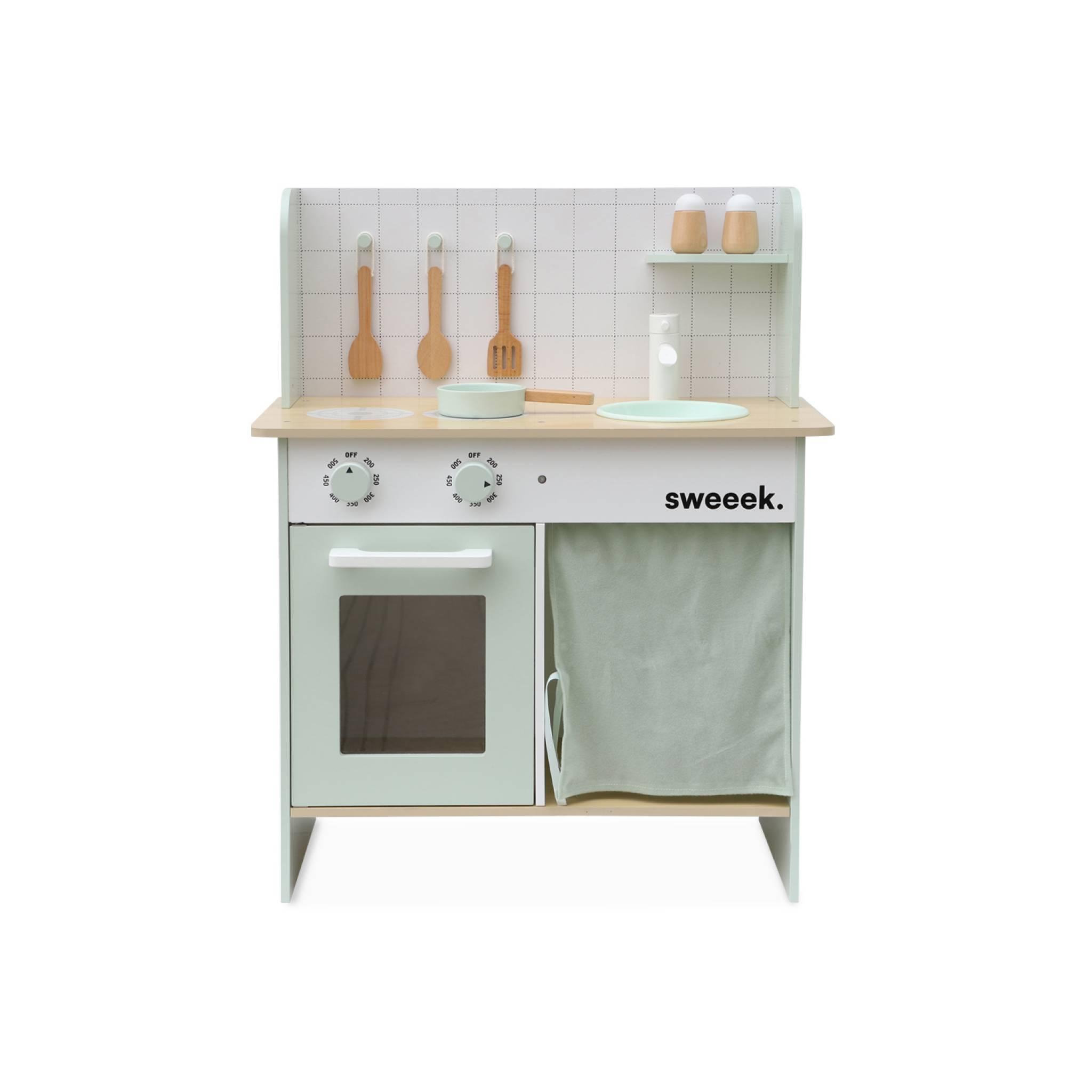 Voir la diapositive 4 : SWEEEK Cuisine en bois vert céladon cocotte pour enfant avec accessoires