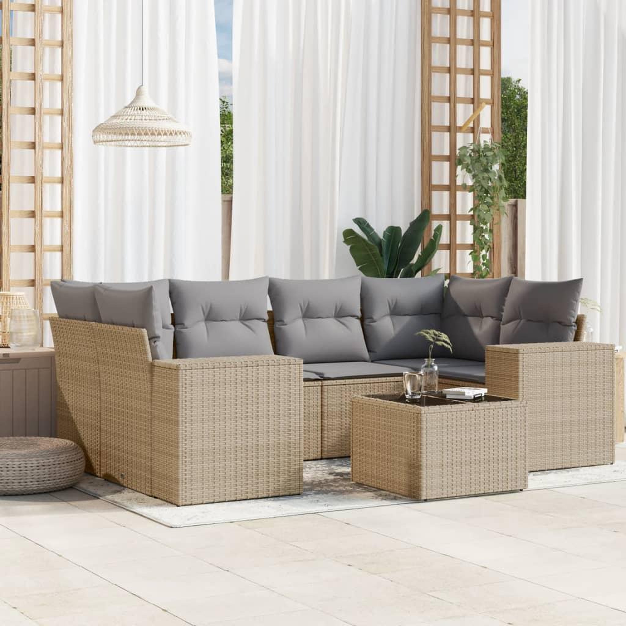 VIDAXL Salon de jardin avec coussins 7 pcs beige resine tressee