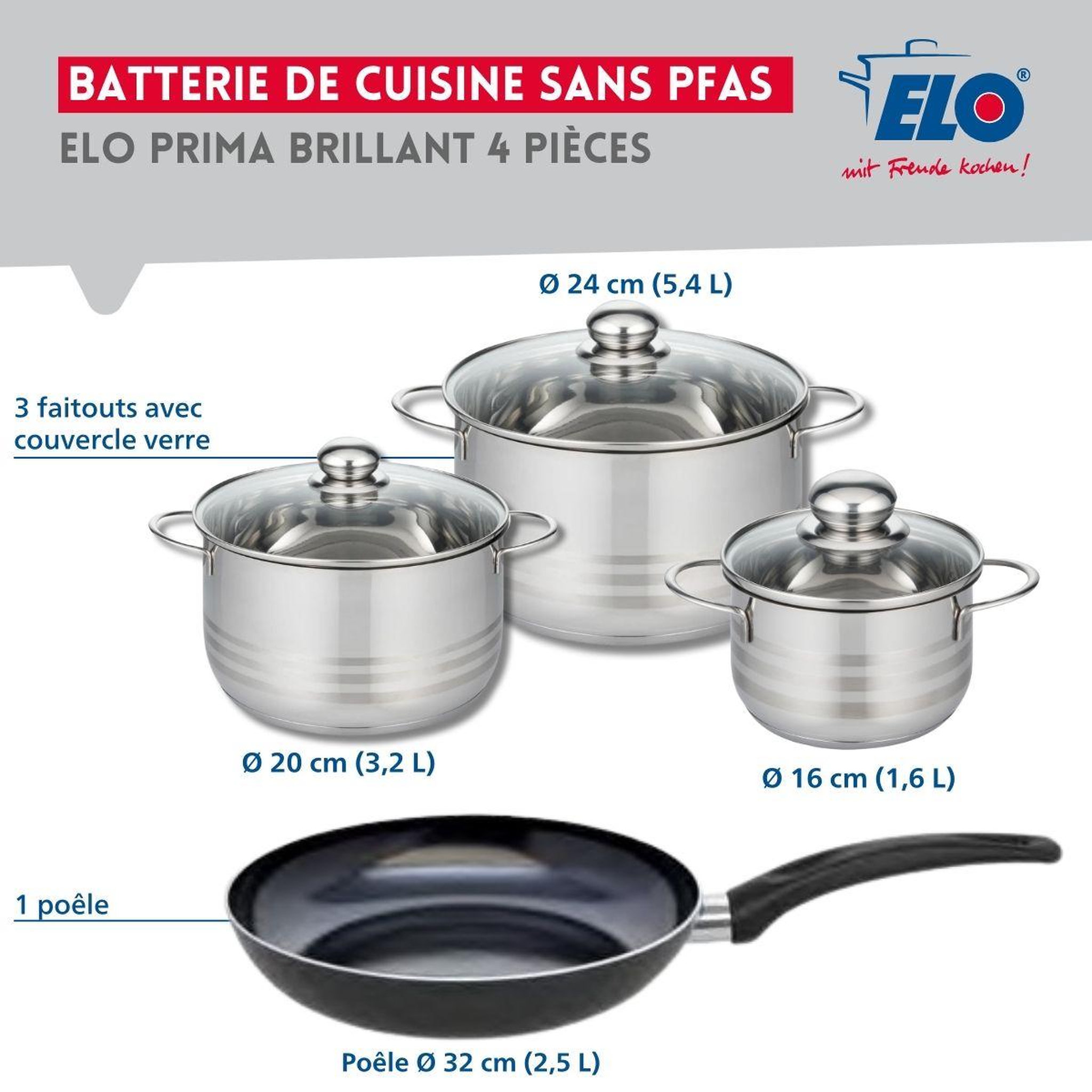 Voir la diapositive 2 : ELO Ensemble de 1 poêle de cuisson 32 cm et 3 faitouts 16, 20 et 24 cm elo prima brillant
