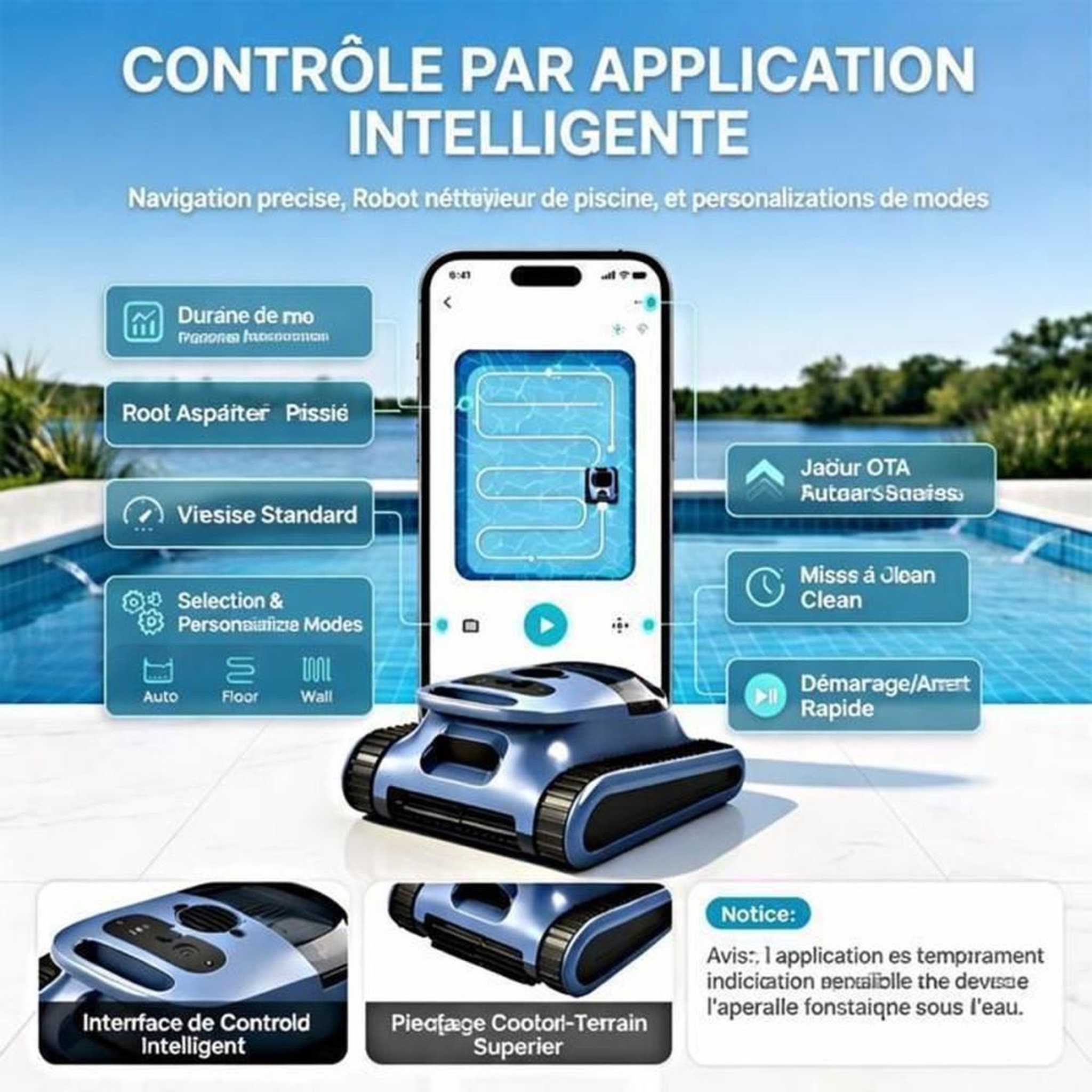 Voir la diapositive 6 : Robot de nettoyage de piscine sans fil, sol/murs/ligne d'eau, contrôle application, 200 m², 45 000 Pa, 3 L, IPX8