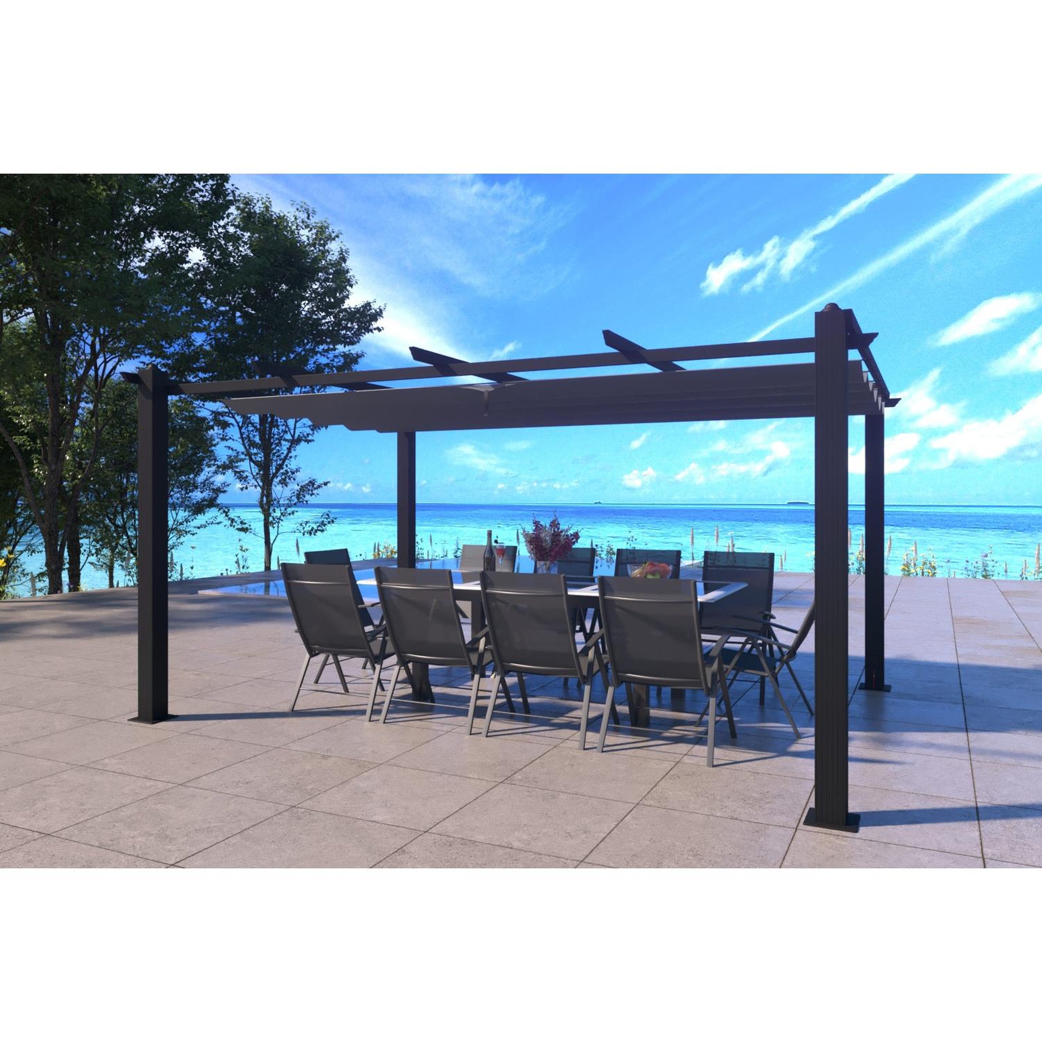Voir la diapositive 2 : CONCEPT USINE Pergola auto-portée 3 x 4 m avec toile rétractable grise nila