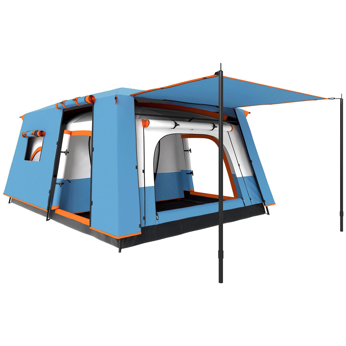 OUTSUNNY Tente de camping familiale 4-5 personnes - portes, fenêtres, sac de transport inclus - dim. 4,3 x 3 x 1,95 m - bleu