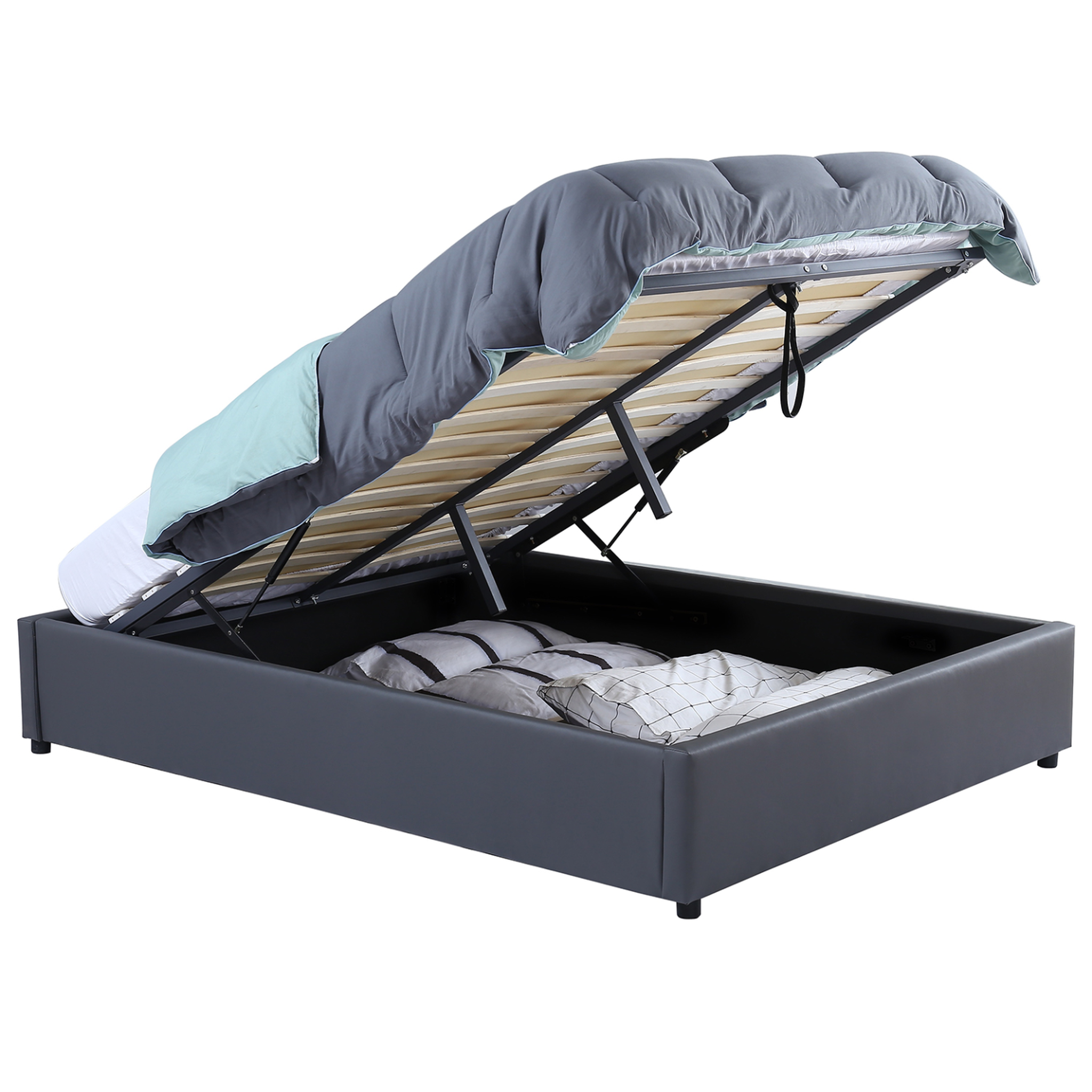 ID MARKET Lit coffre double miami avec sommier 160 x 200 cm pvc gris